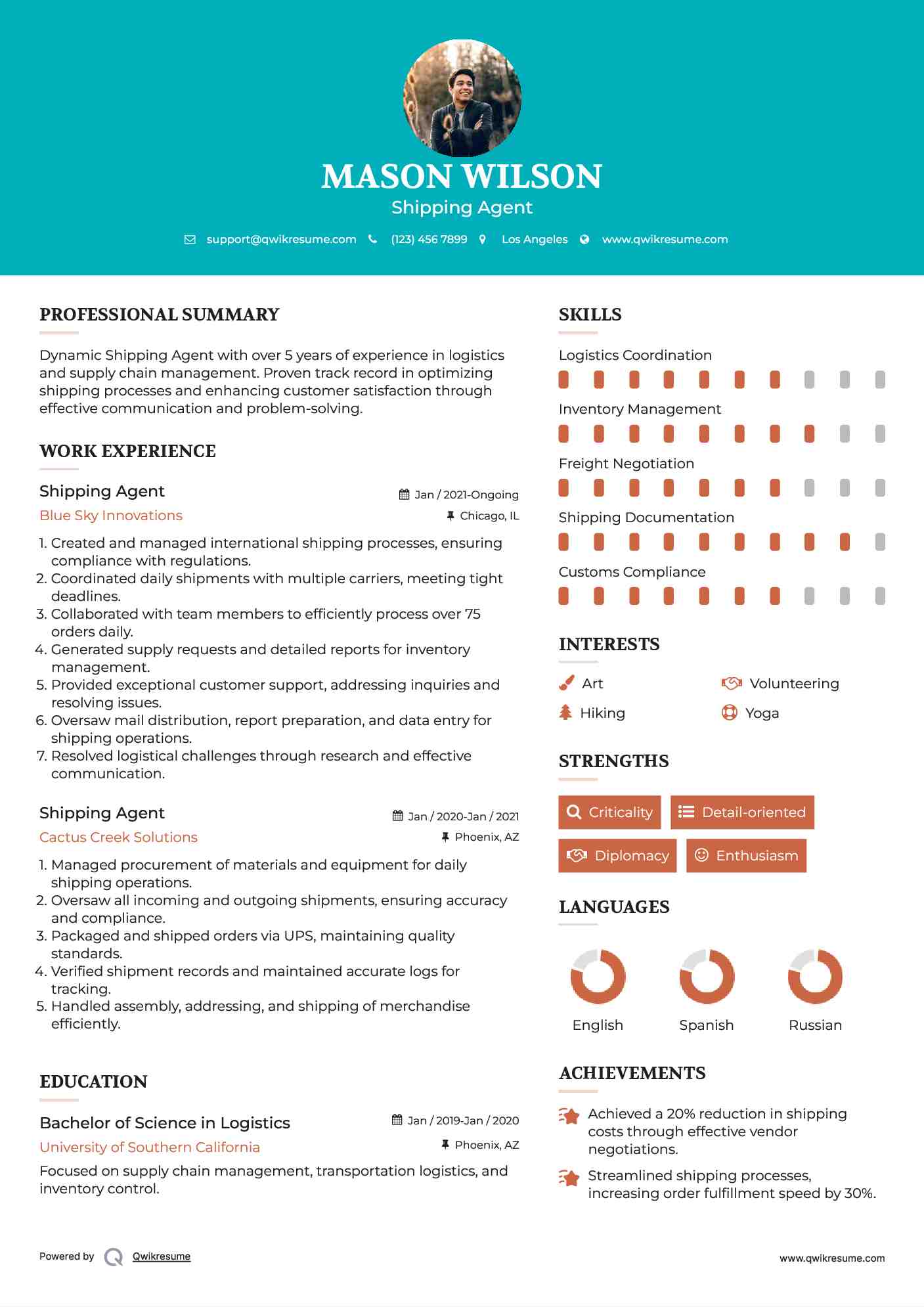 Shipping Agent Resume Model
