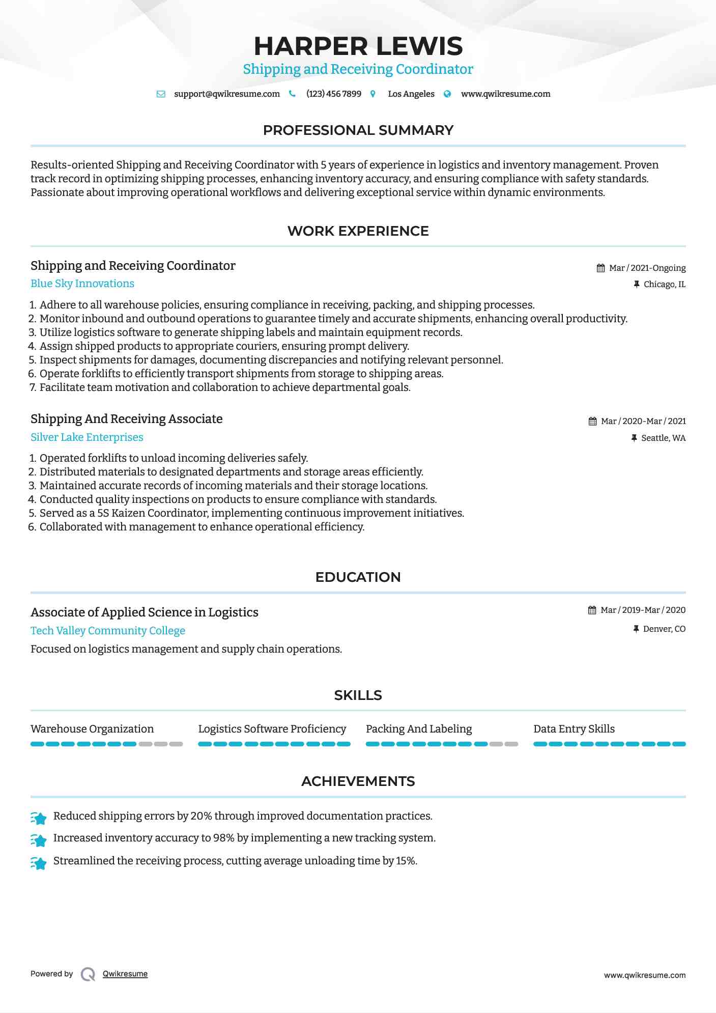 Shipping and Receiving Coordinator Resume Model
