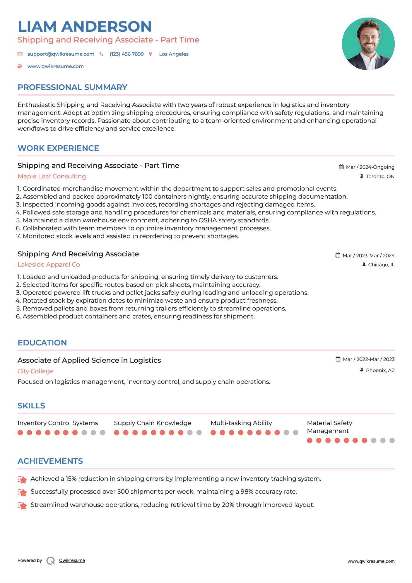 Shipping and Receiving Associate - Part Time Resume Format