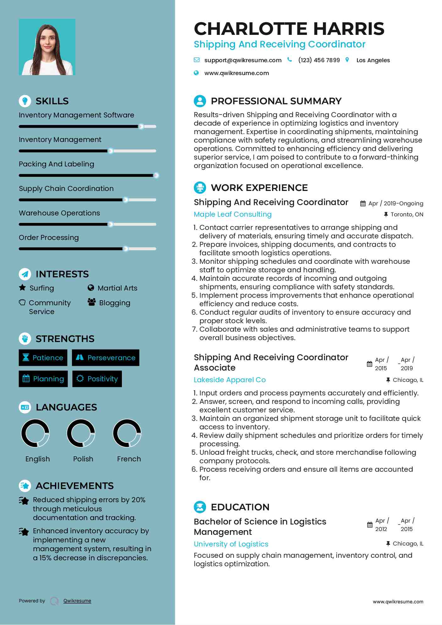 Shipping And Receiving Coordinator Resume Samples QwikResume