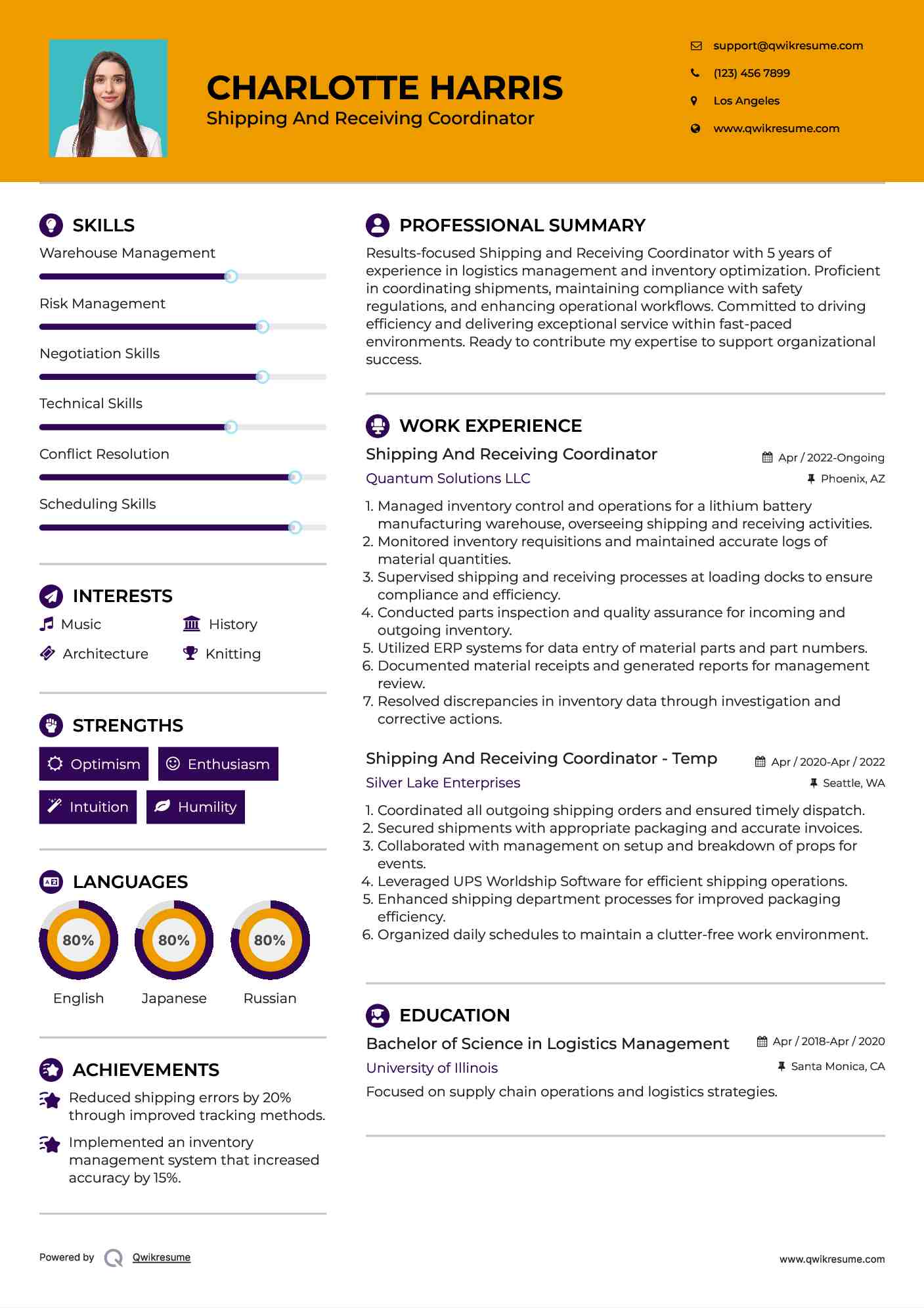 Shipping And Receiving Coordinator Resume Sample