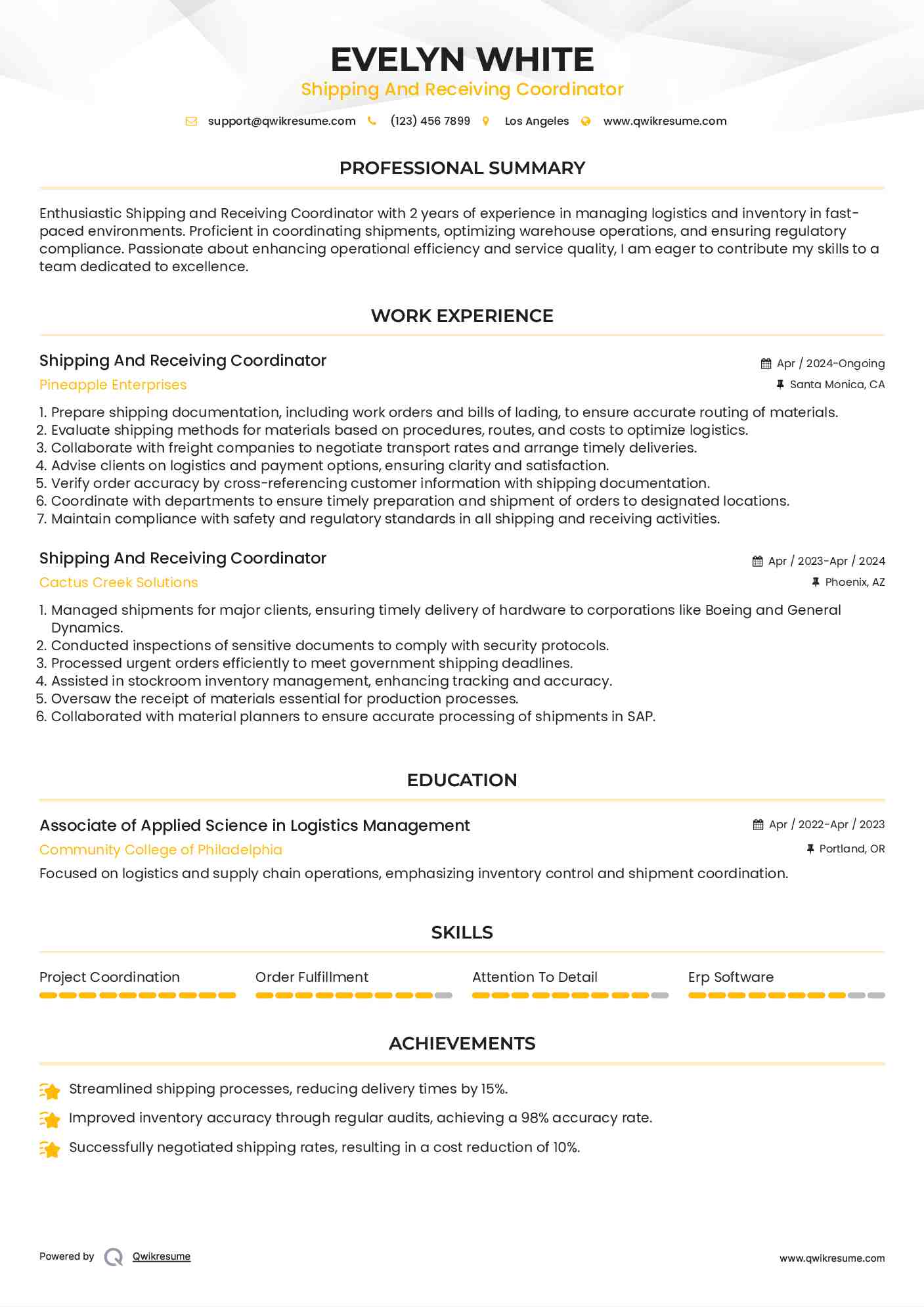 Shipping And Receiving Coordinator Resume Samples QwikResume