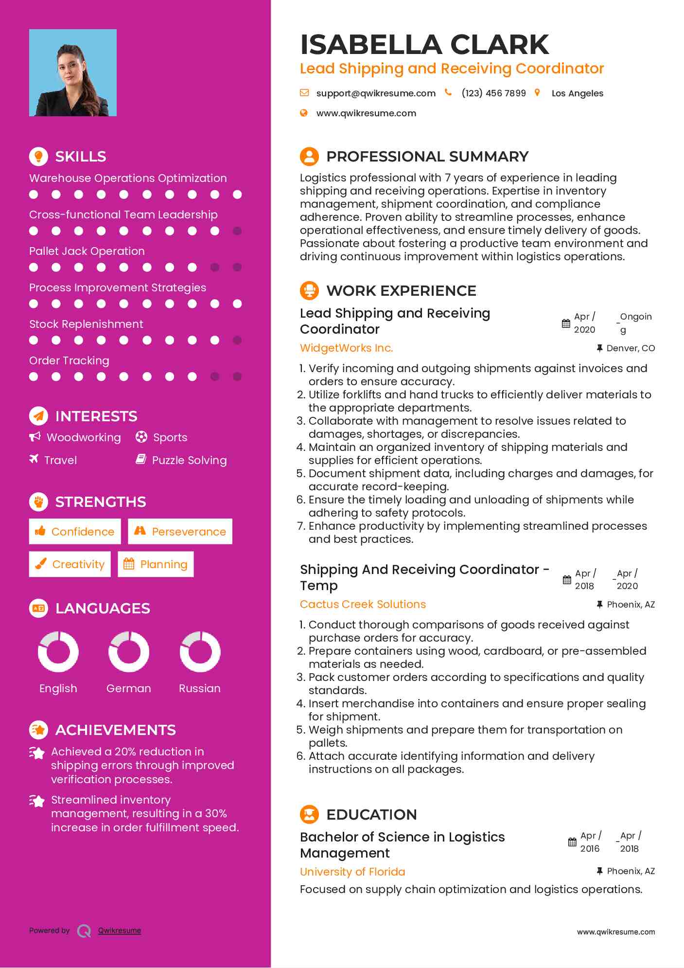Lead Shipping and Receiving Coordinator  Resume Format