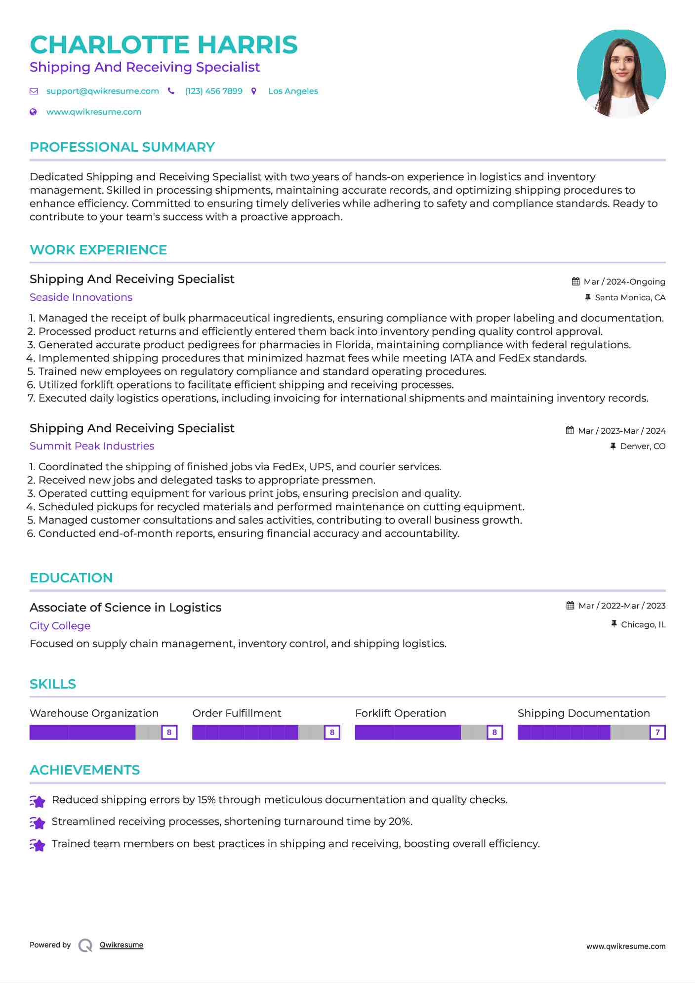 Shipping And Receiving Specialist Resume Sample