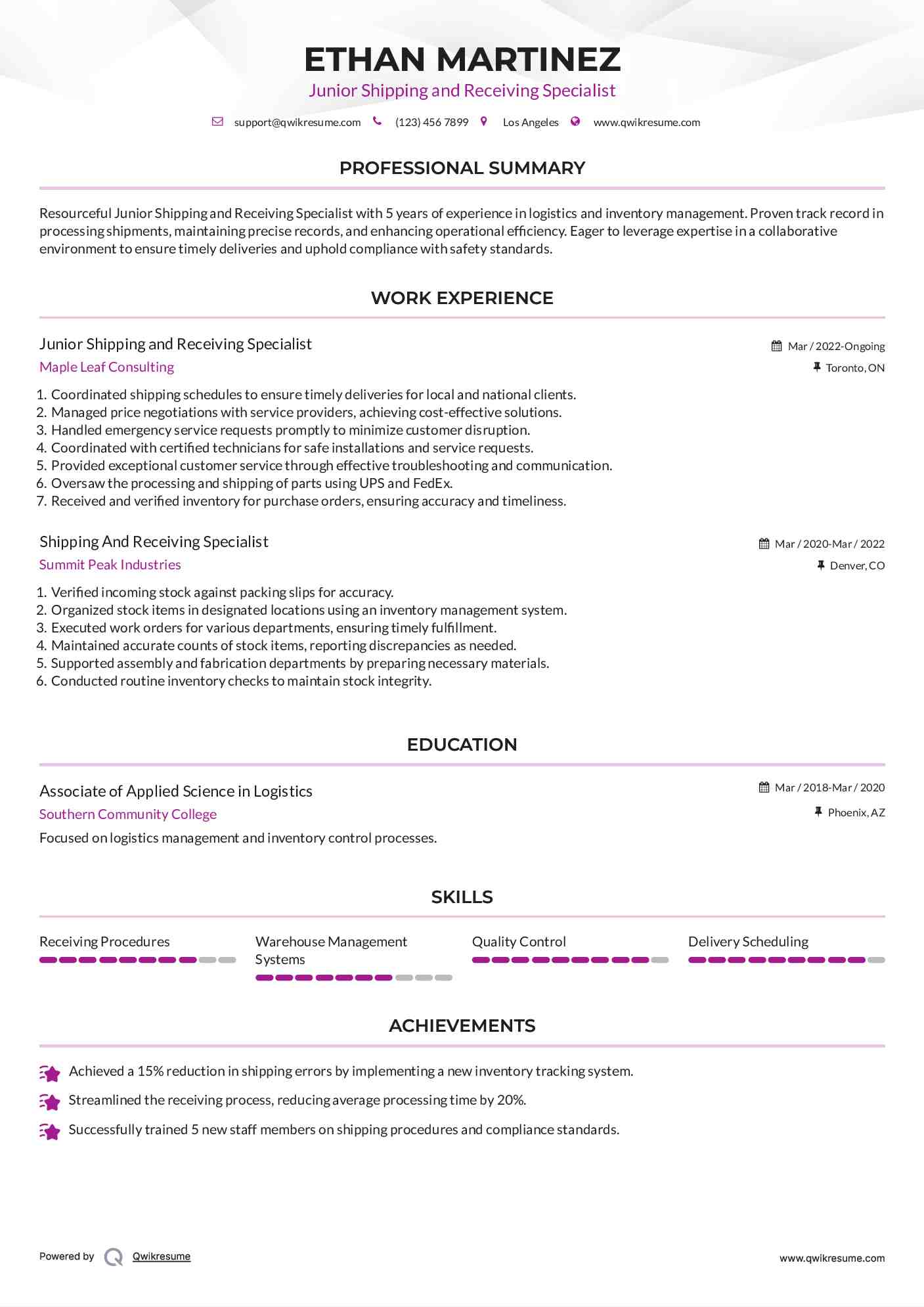 Shipping And Receiving Specialist Resume Samples QwikResume