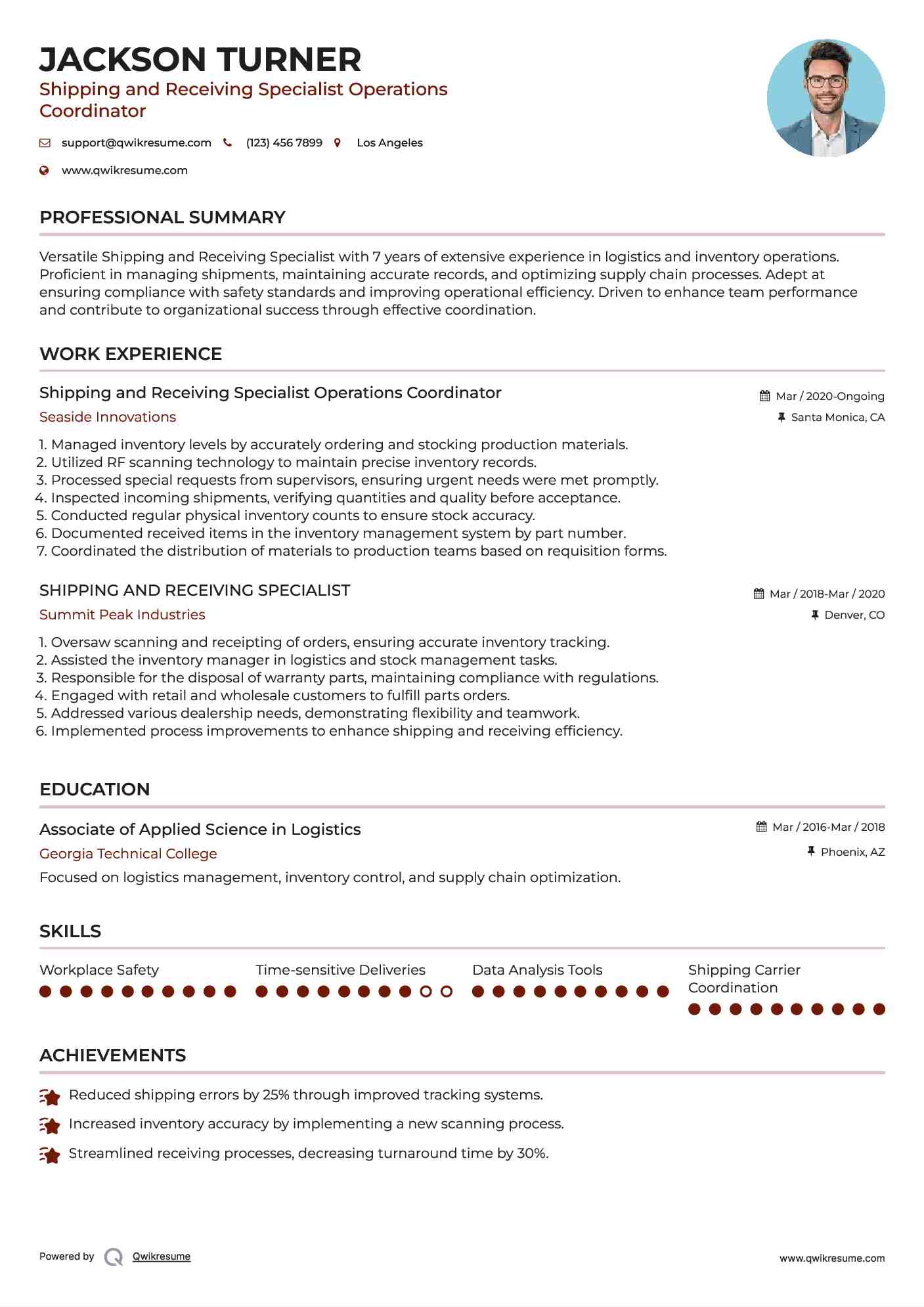 Shipping and Receiving Specialist Operations Coordinator Resume Format