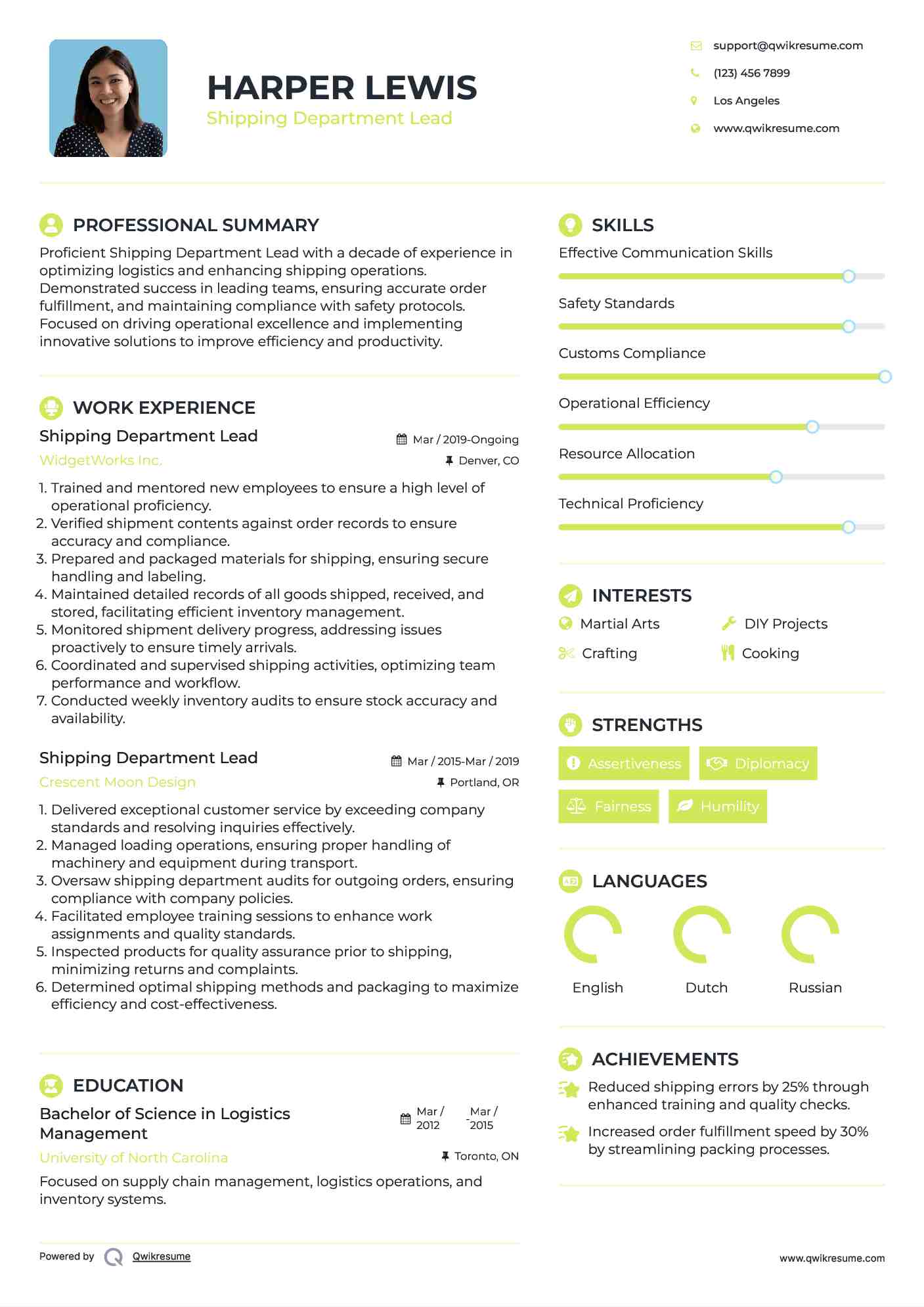 Shipping Department Lead Resume Sample