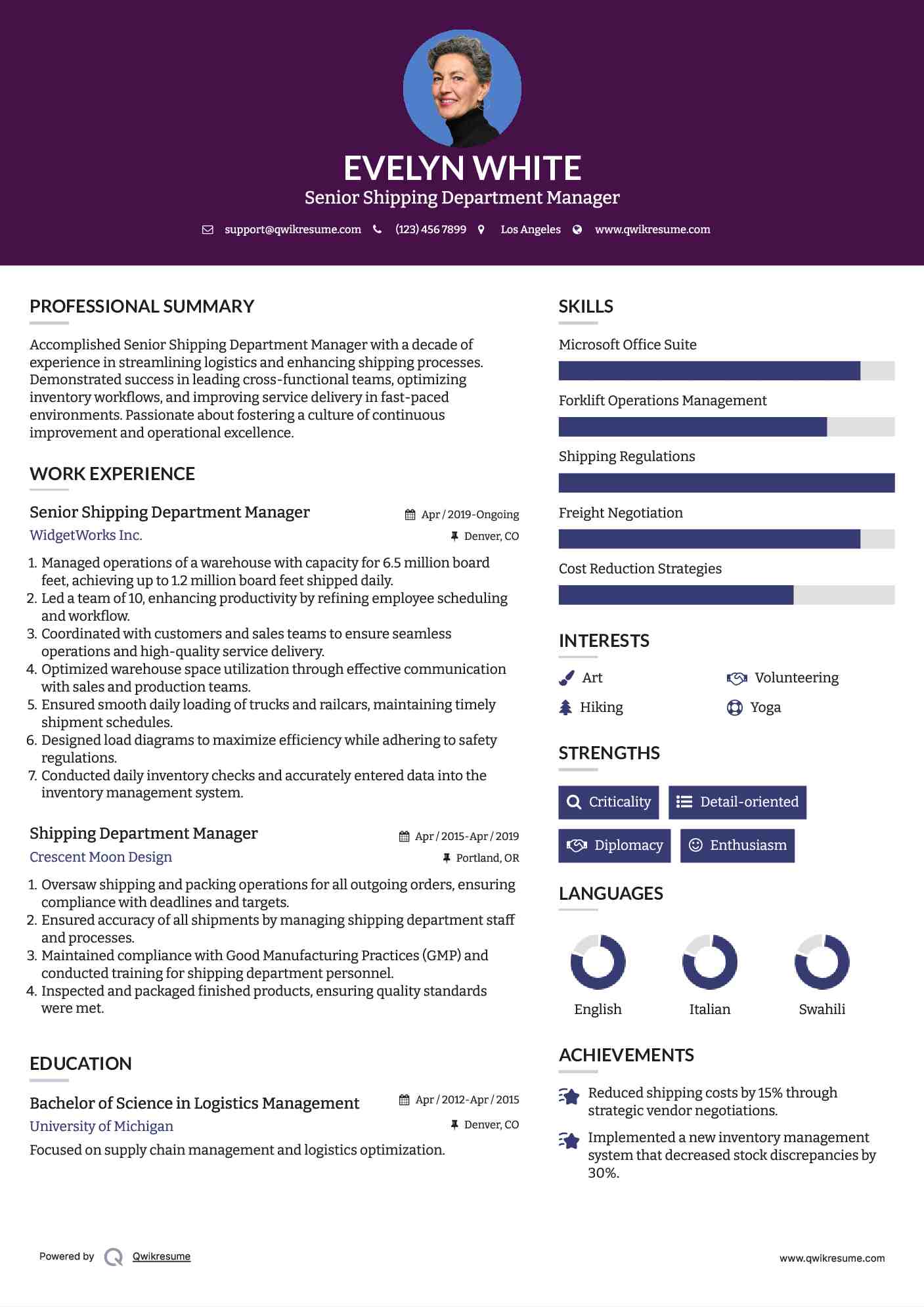 Senior Shipping Department Manager Resume Sample