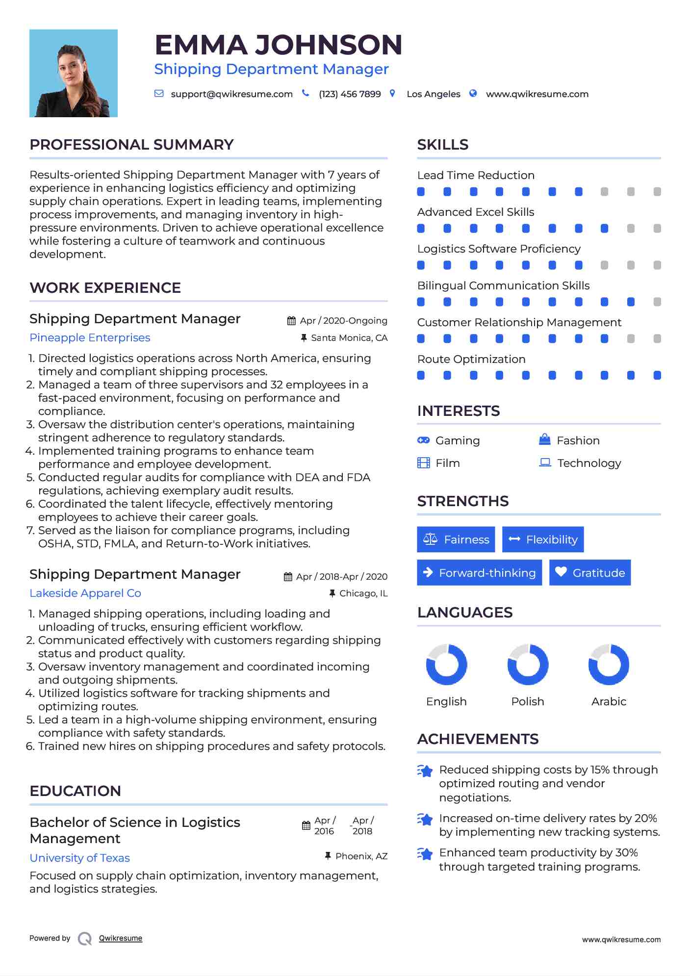 Shipping Department Manager Resume Model