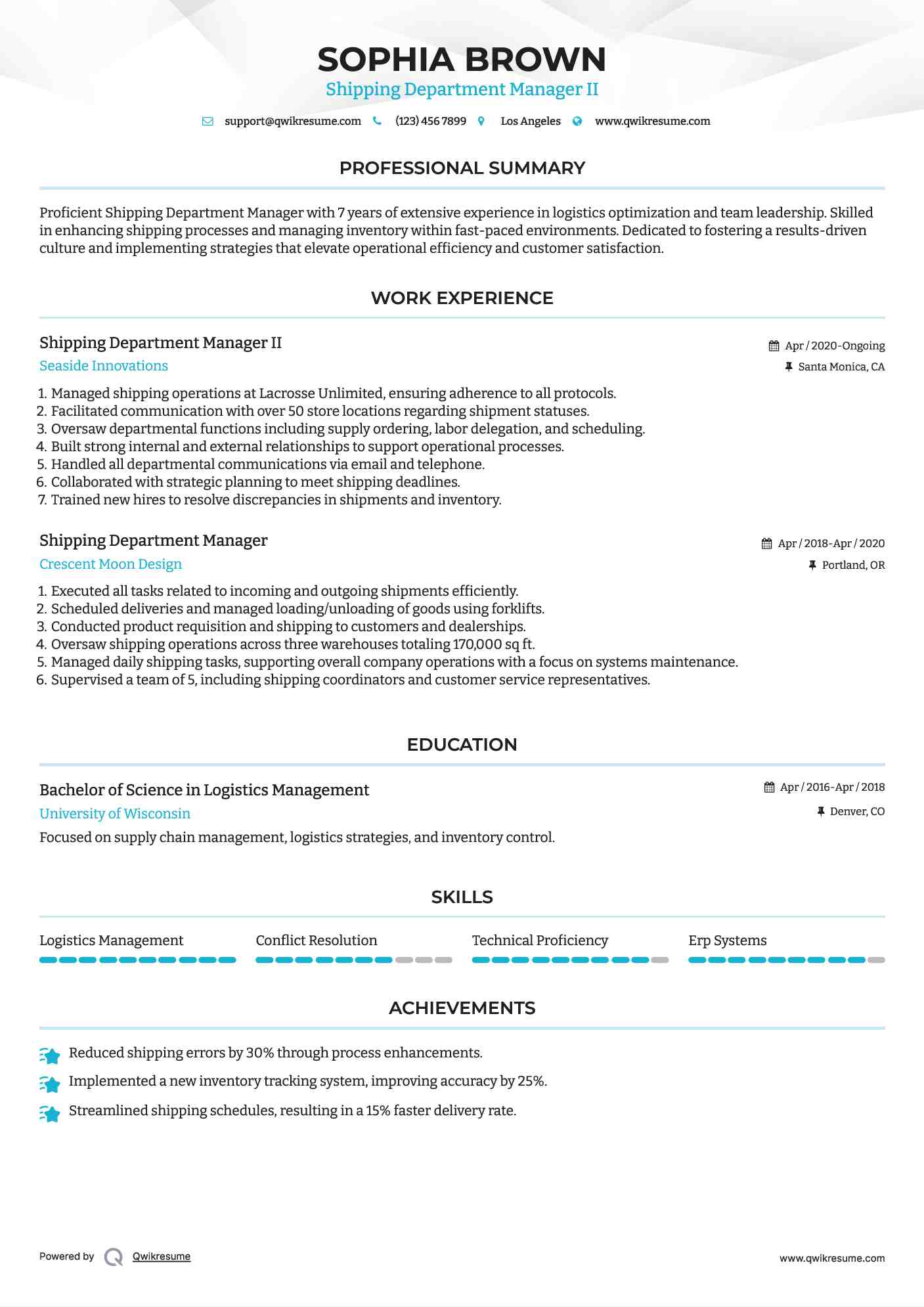 Shipping Department Manager II Resume Example