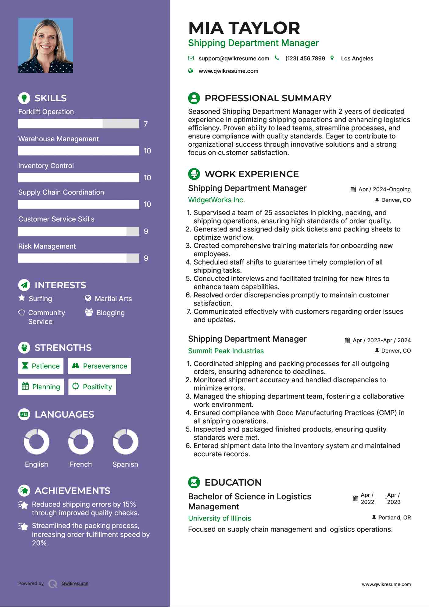 Shipping Department Manager Resume Template