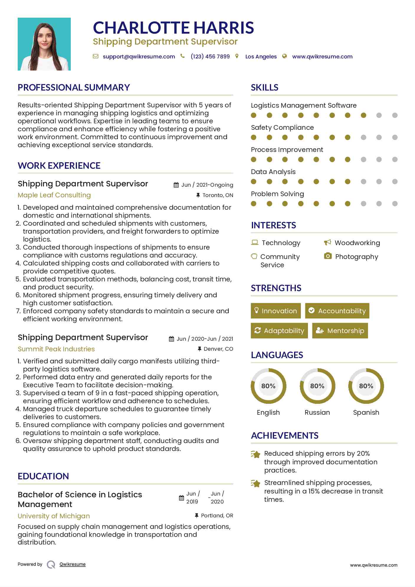 Shipping Department Supervisor Resume Example