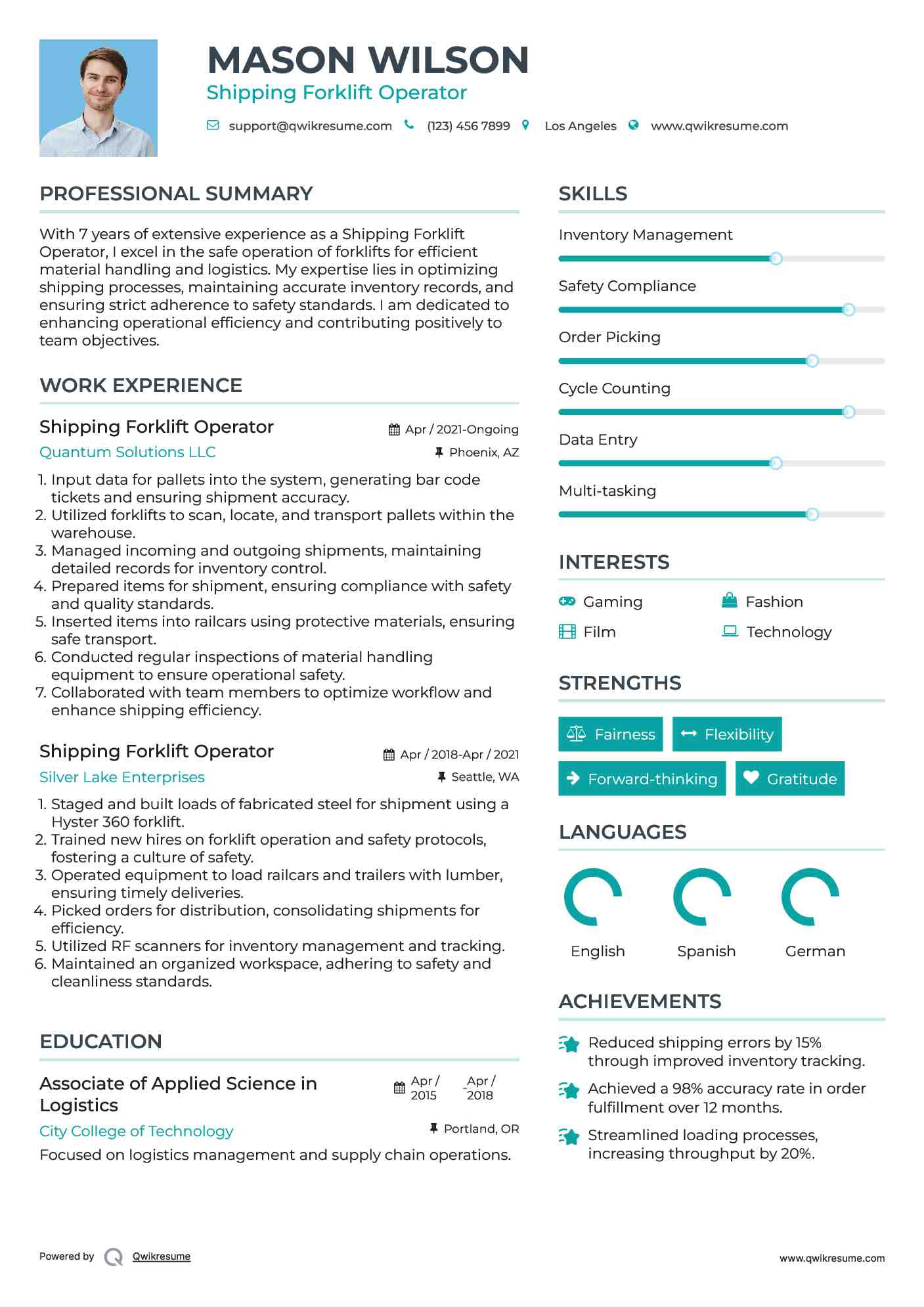 Shipping Forklift Operator Resume Example
