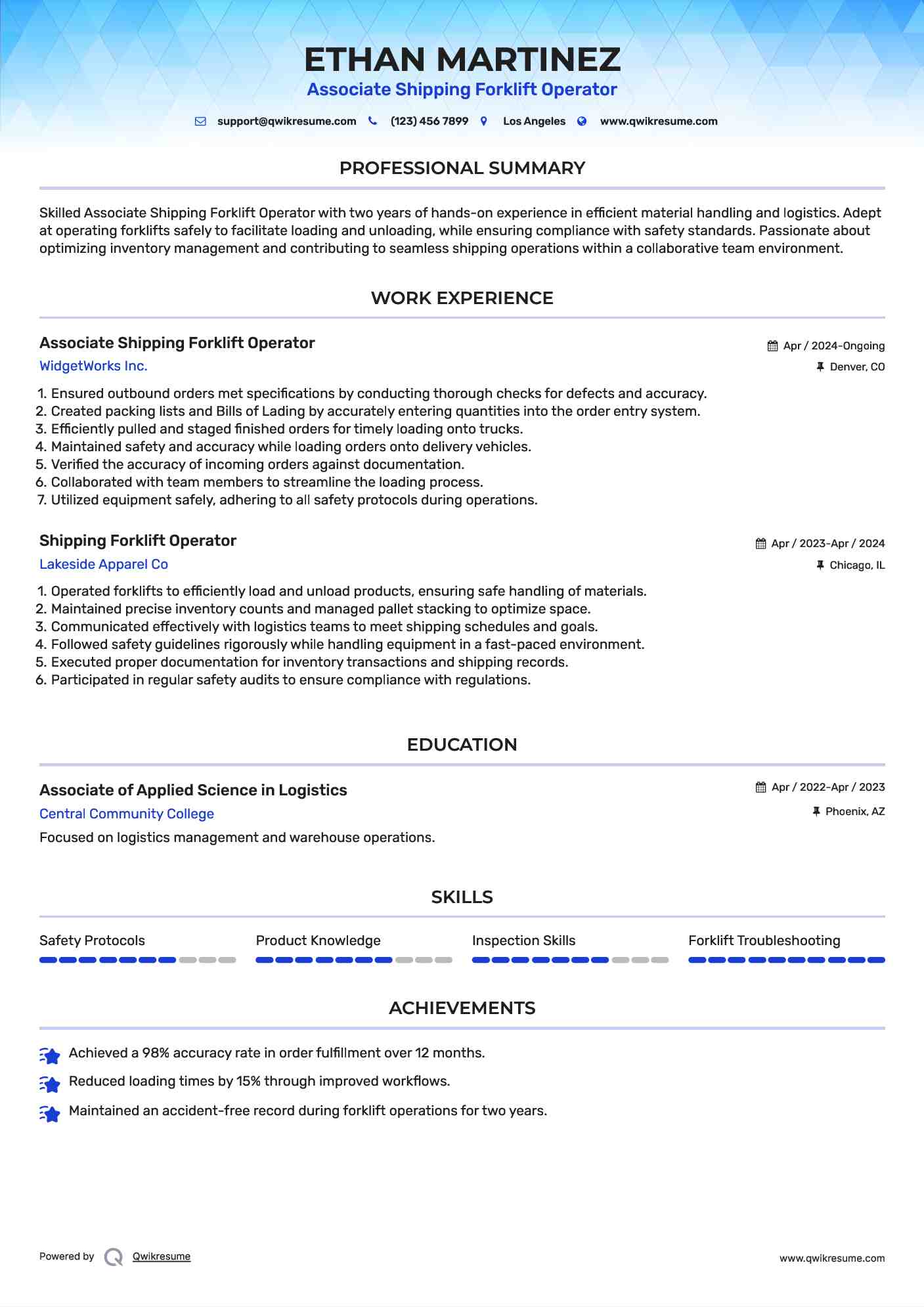 Associate Shipping Forklift Operator Resume Template