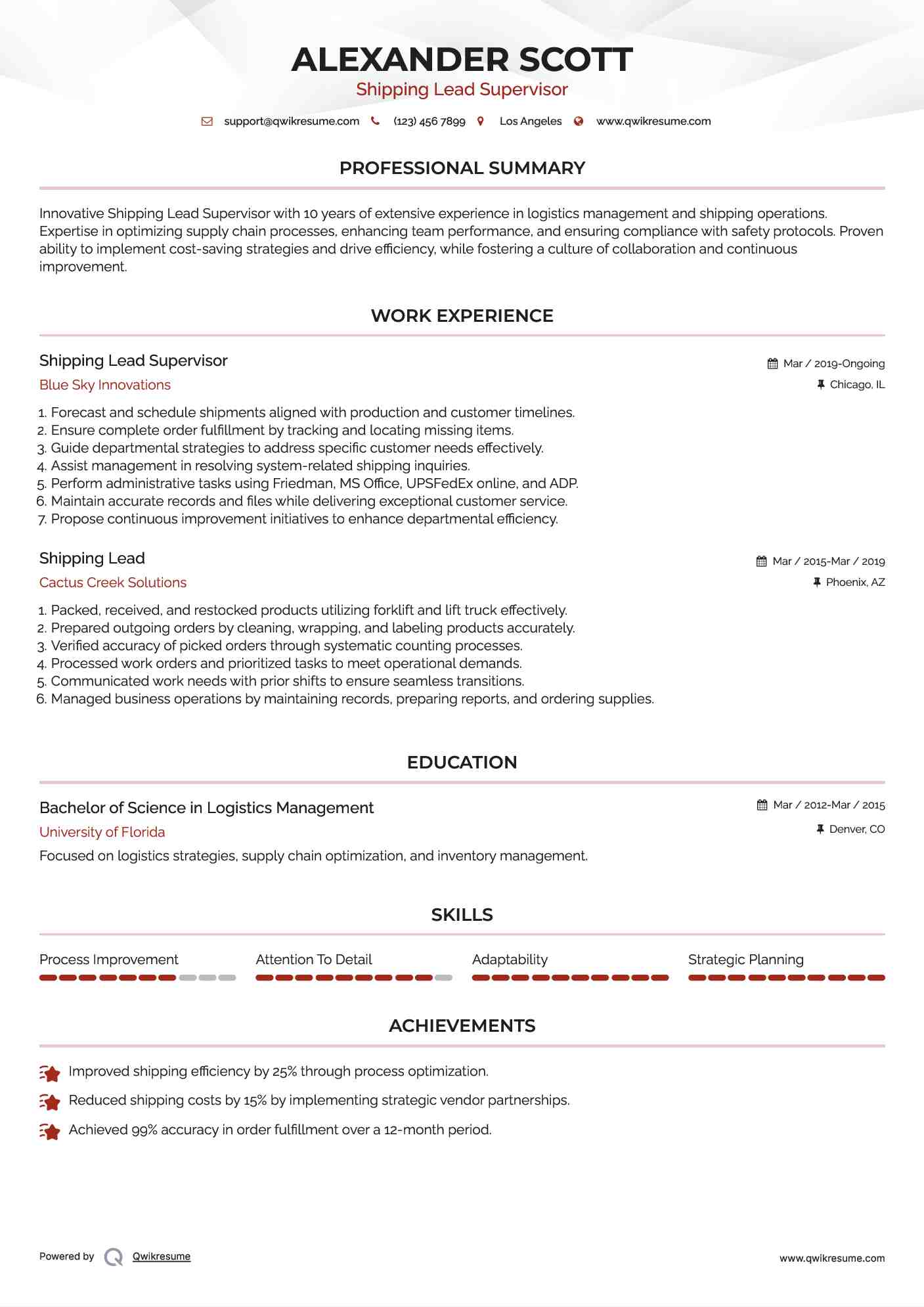 Shipping Lead Supervisor Resume Model