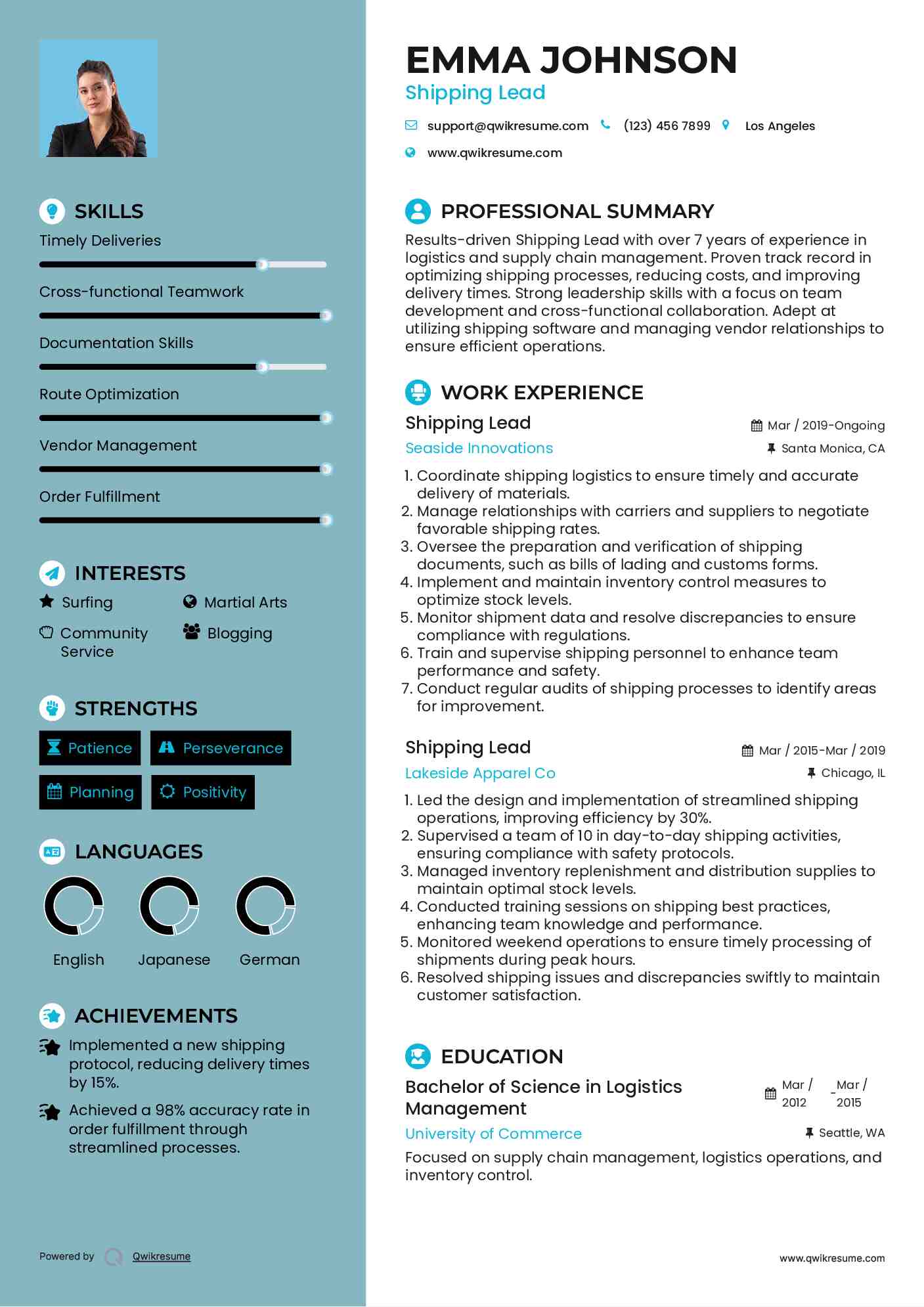 Shipping Lead Resume Model