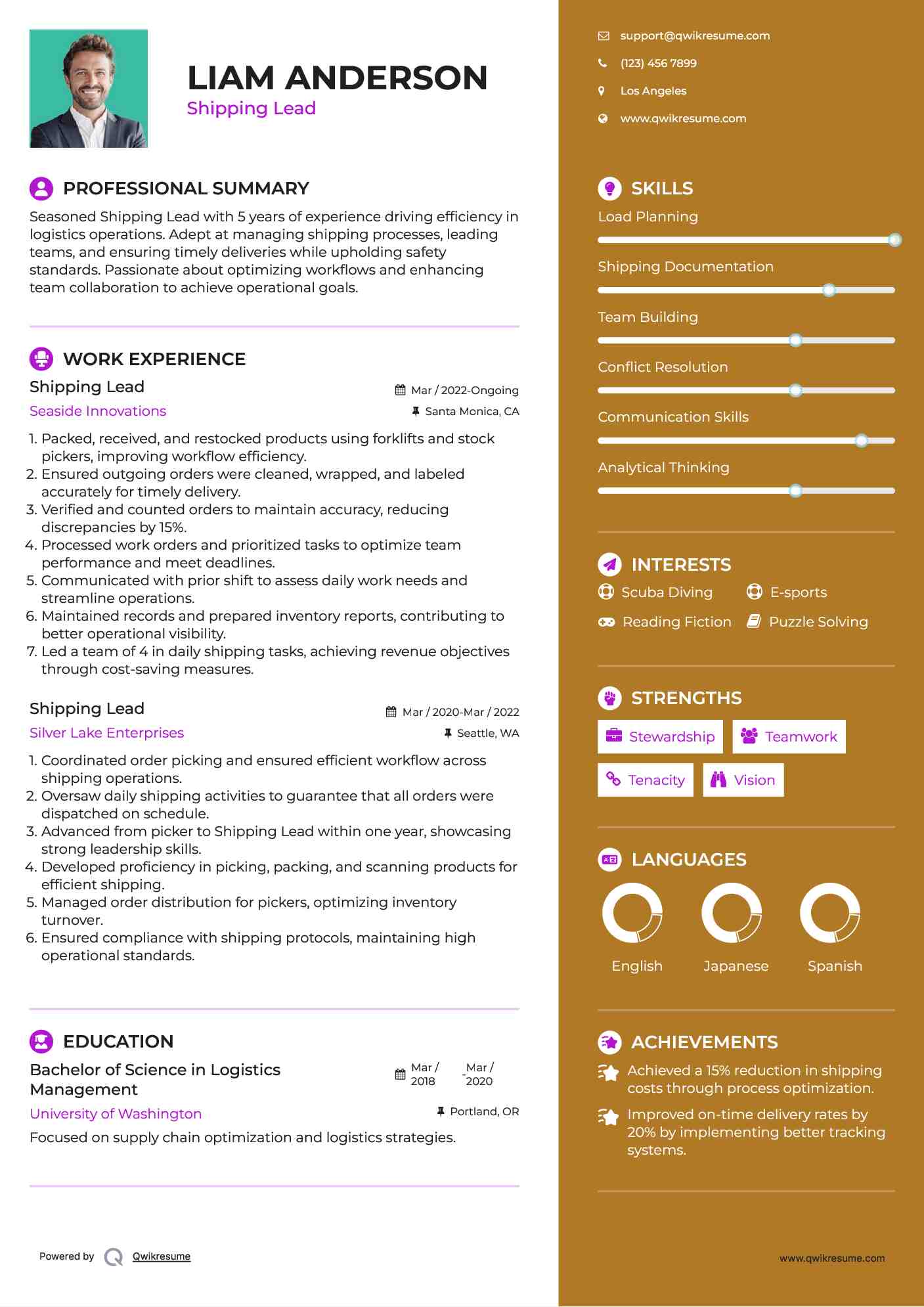 Shipping Lead Resume Model