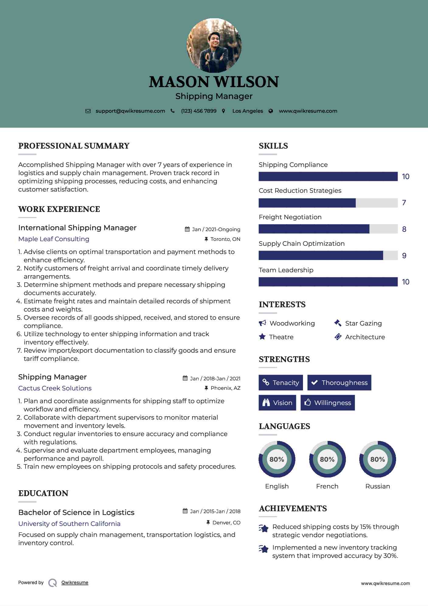 International Shipping Manager Resume Format