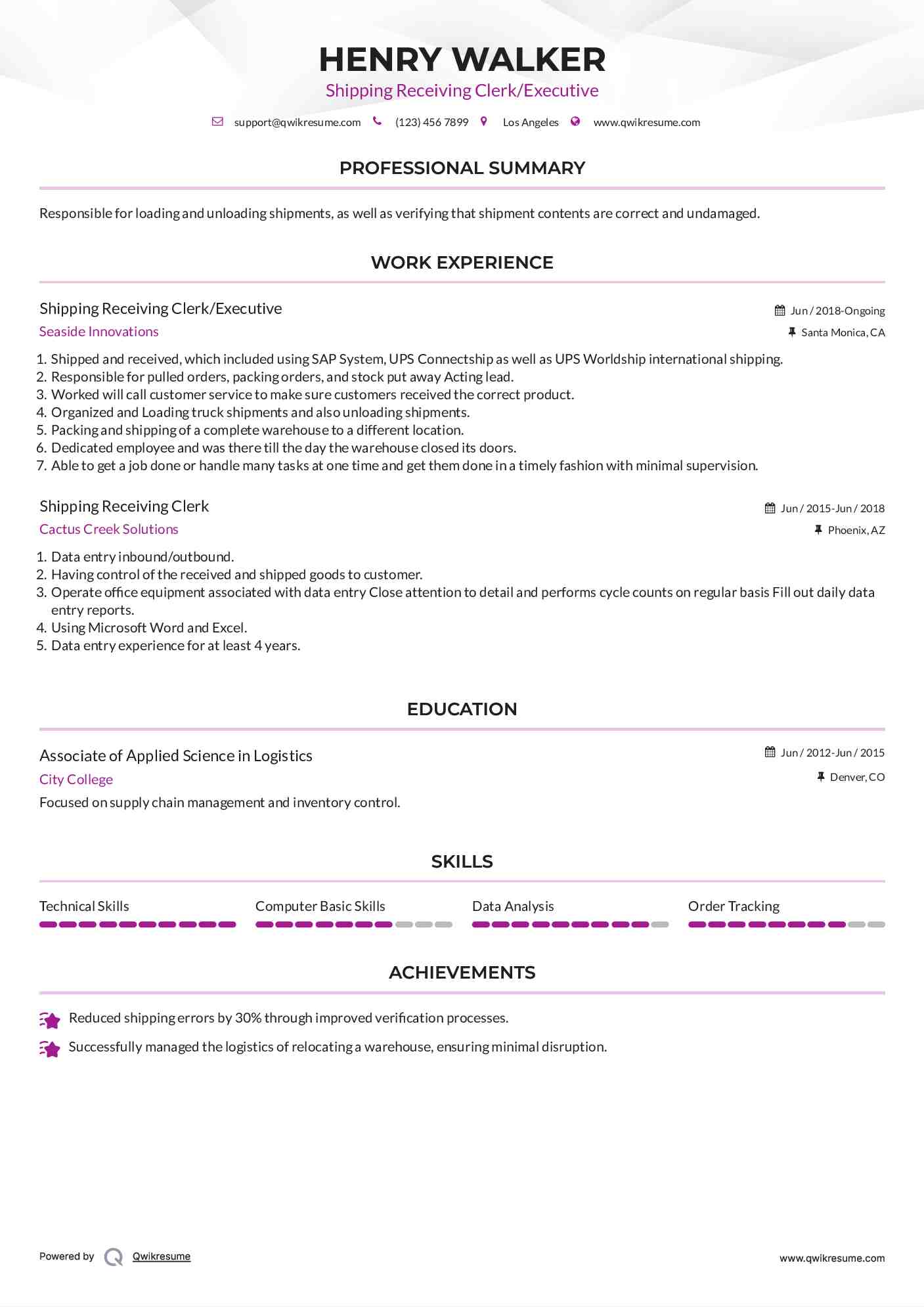 Shipping Receiving Clerk/Executive Resume Sample