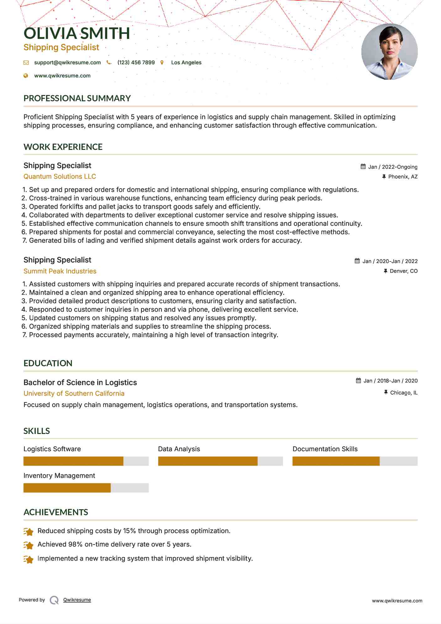 Shipping Specialist Resume Example