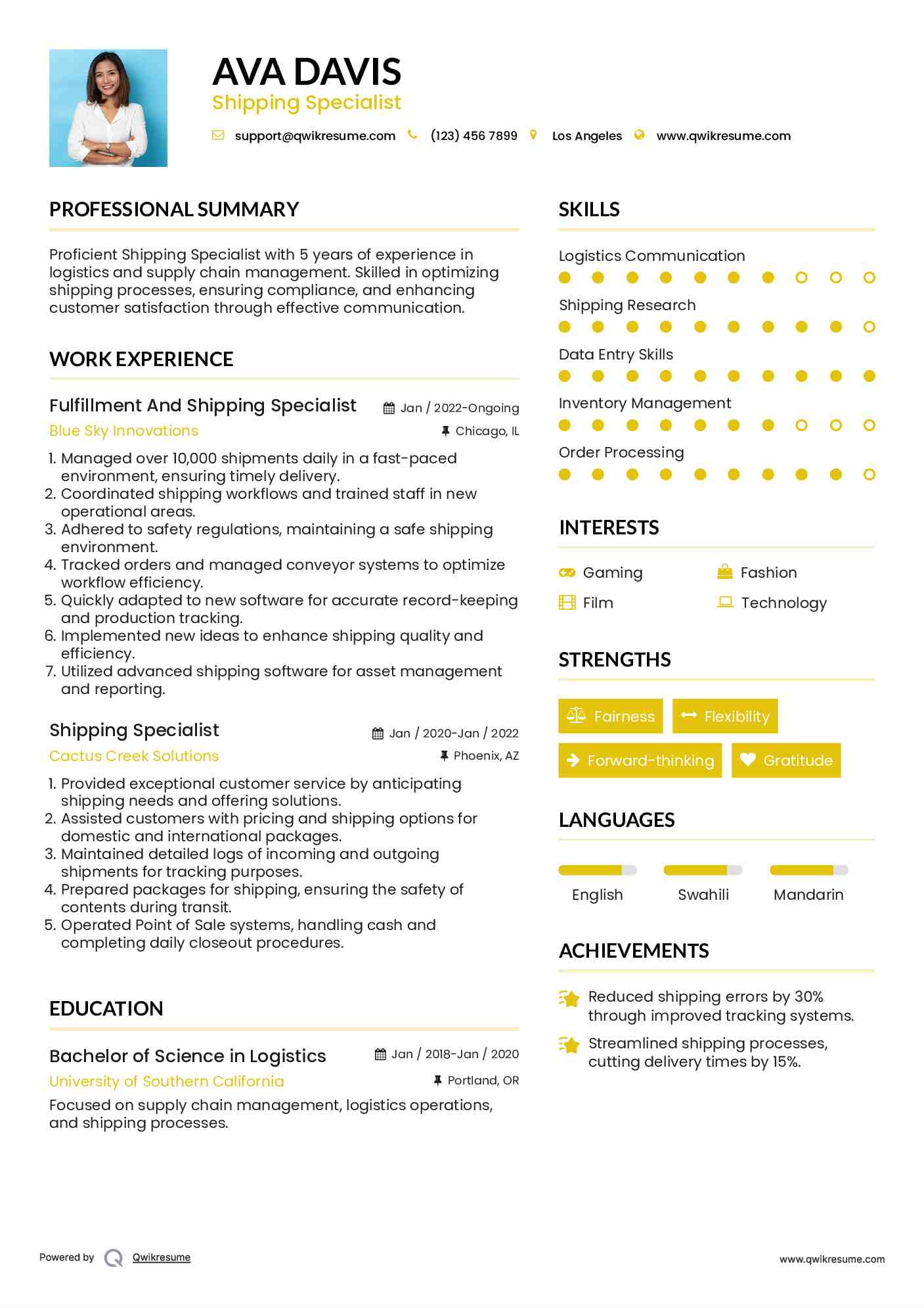 Fulfillment And Shipping Specialist Resume Template