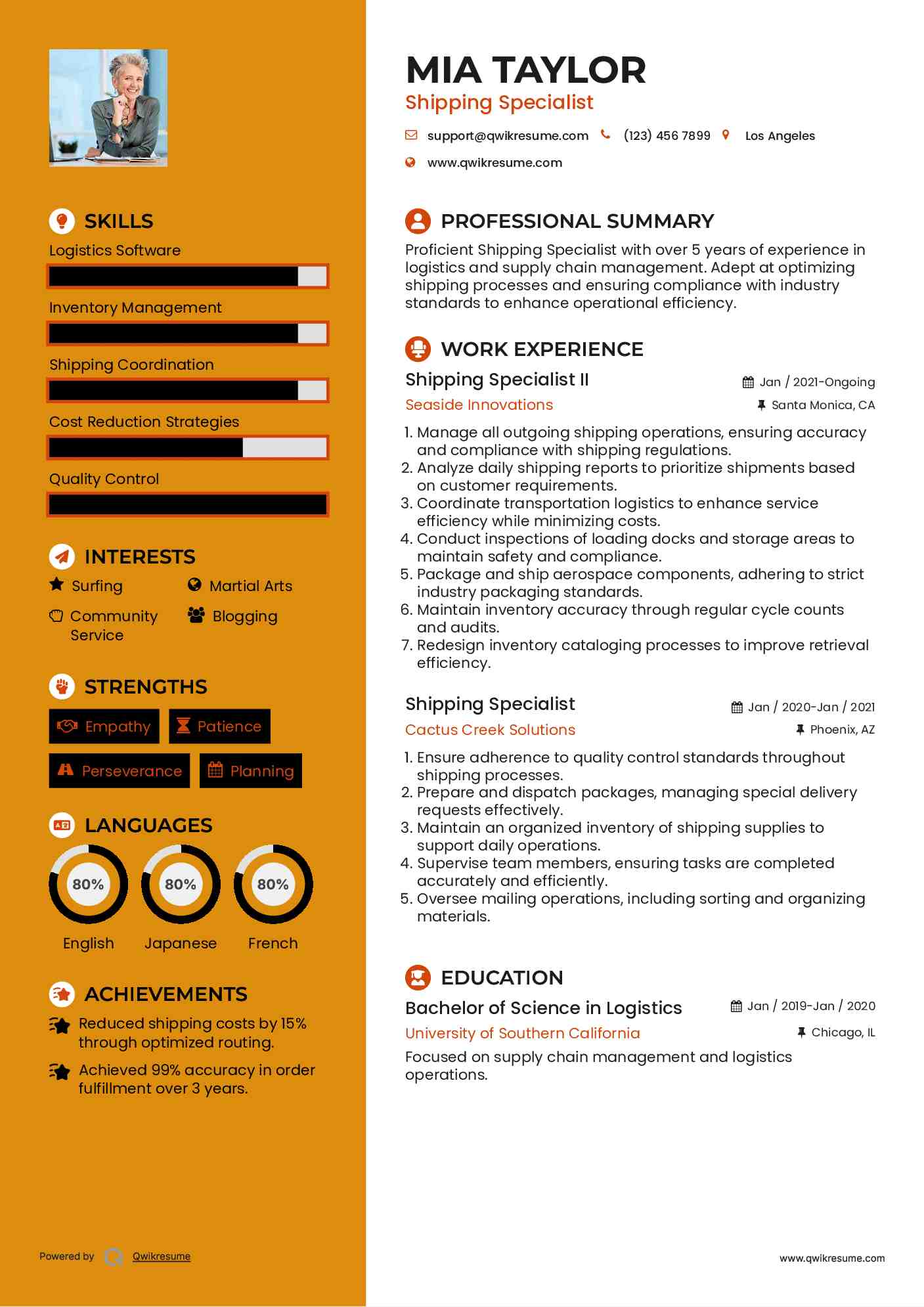 Shipping Specialist II Resume Example