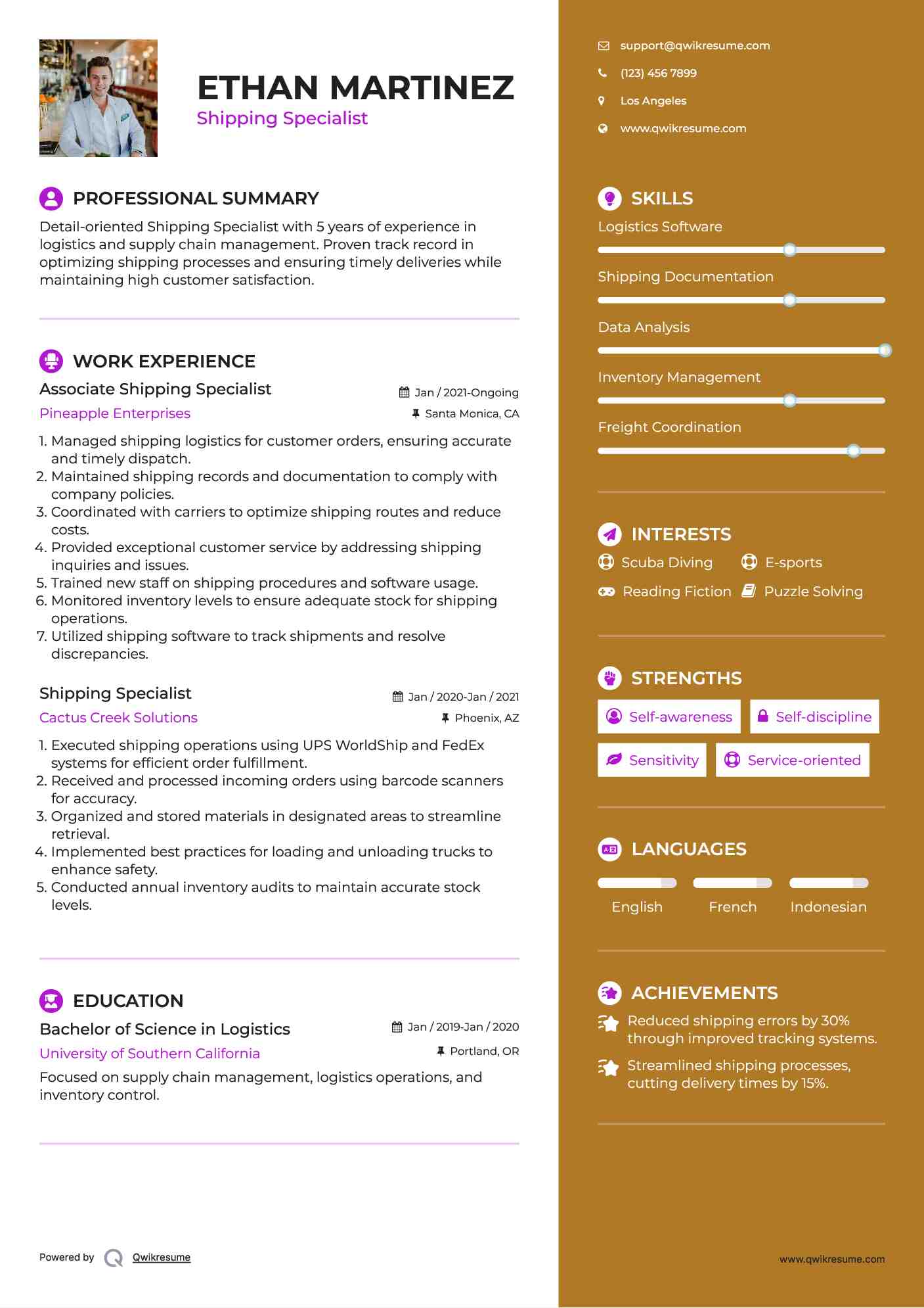 Associate Shipping Specialist Resume Format