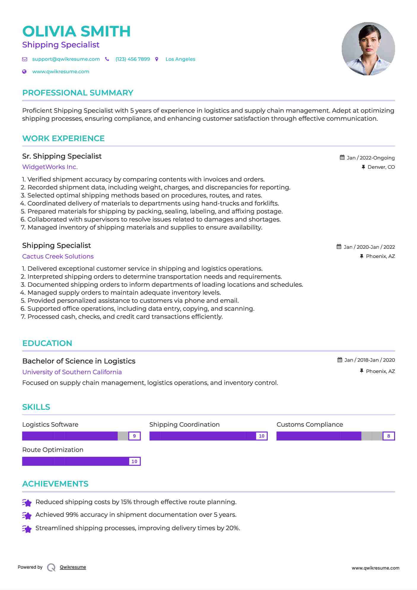 Sr. Shipping Specialist Resume Sample