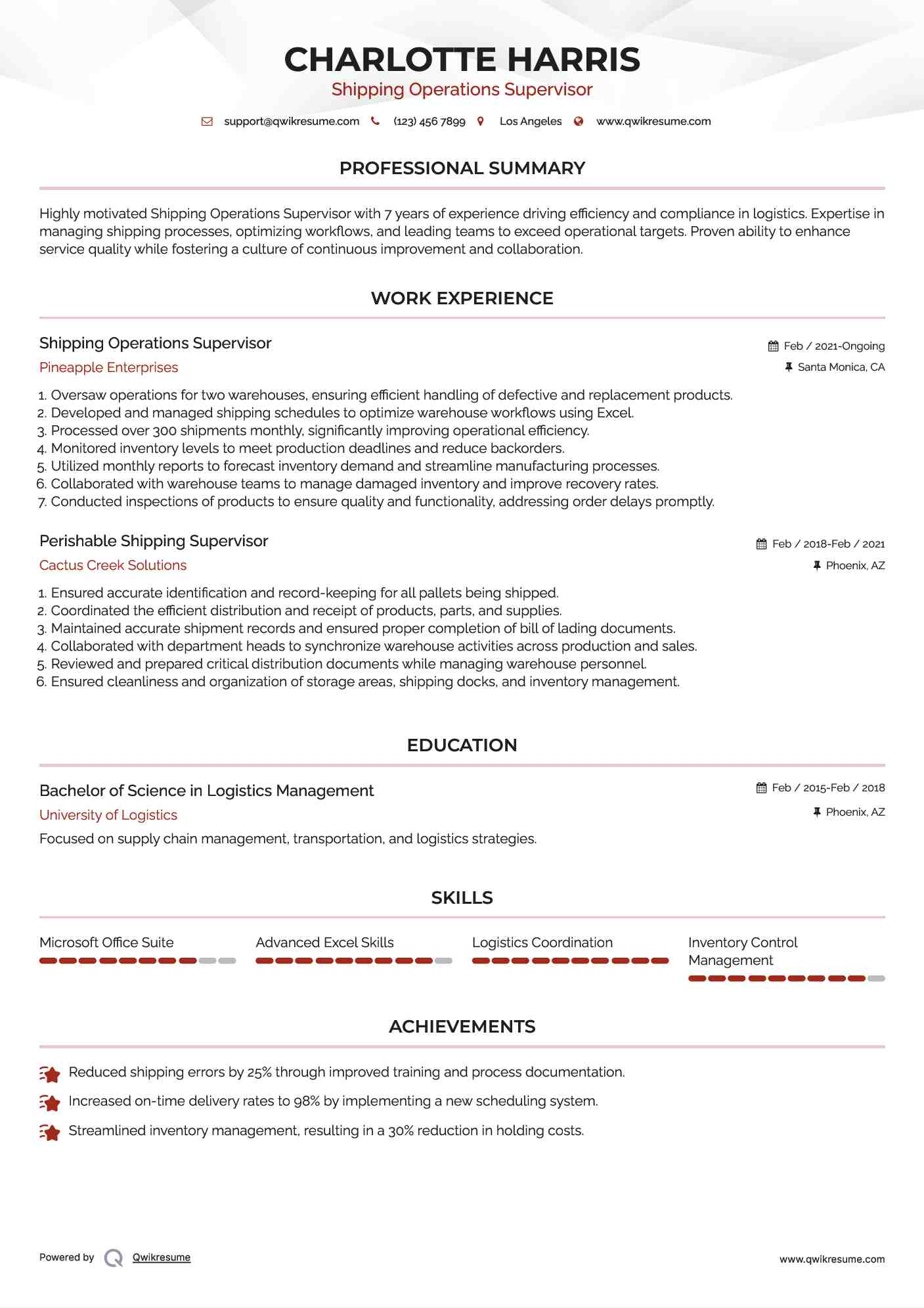 Shipping Operations Supervisor Resume Model