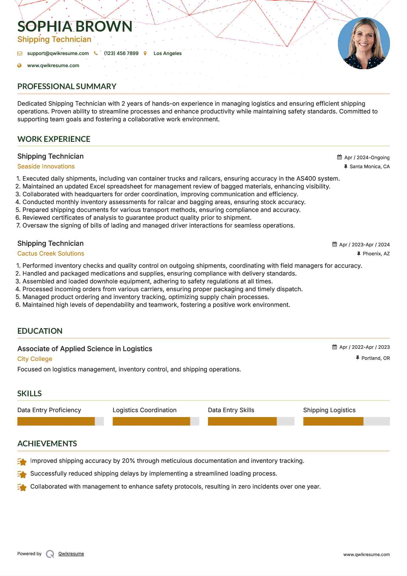 Shipping Technician Resume Example