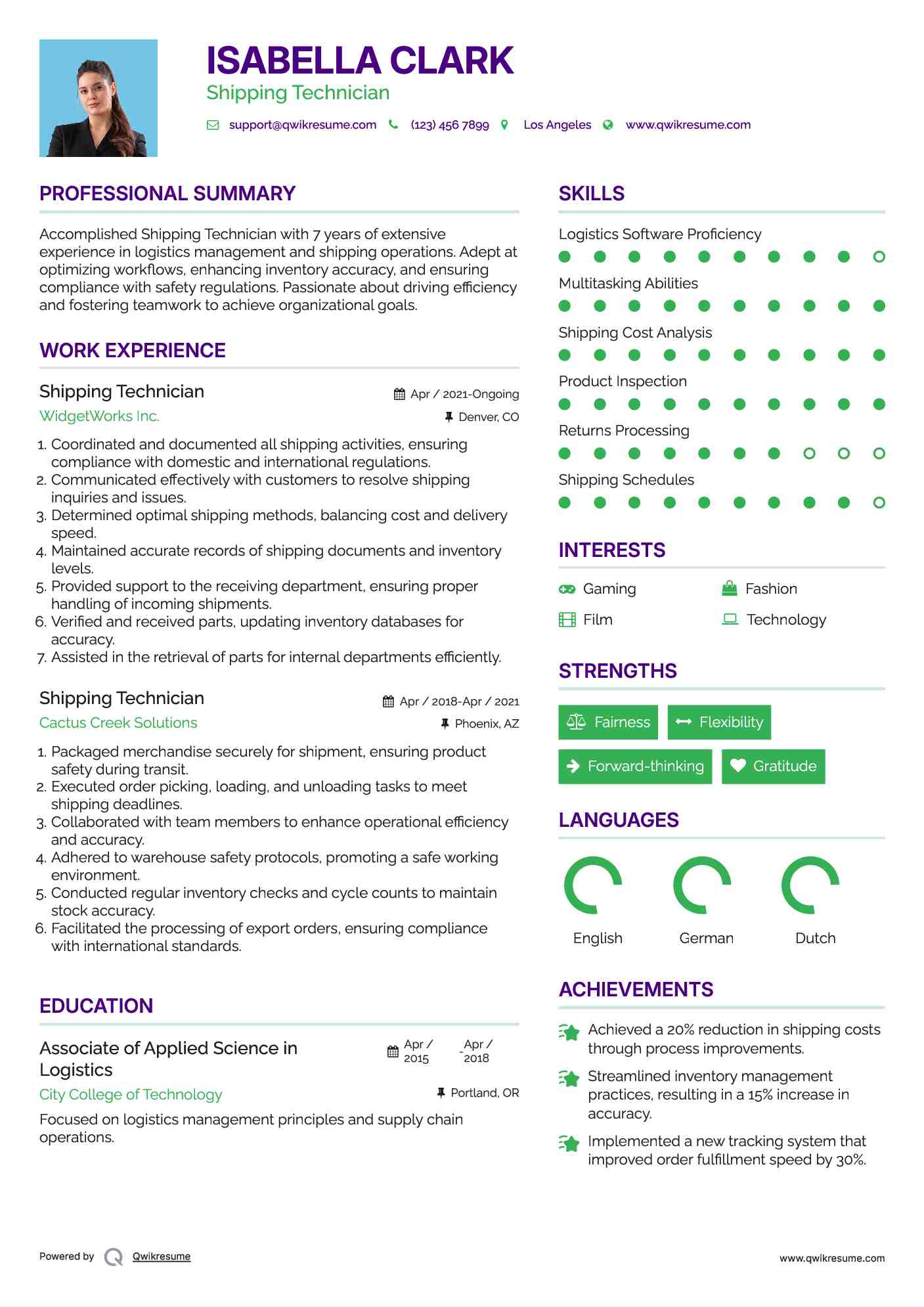 Shipping Technician Resume Sample