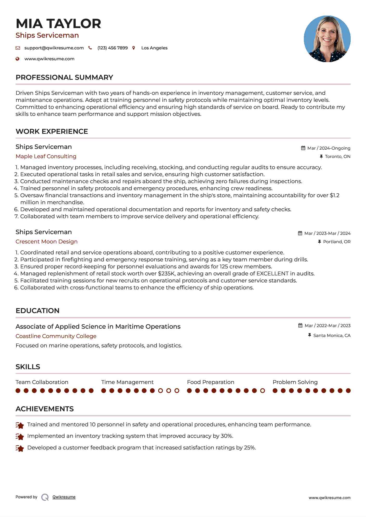Ships Serviceman Resume Example
