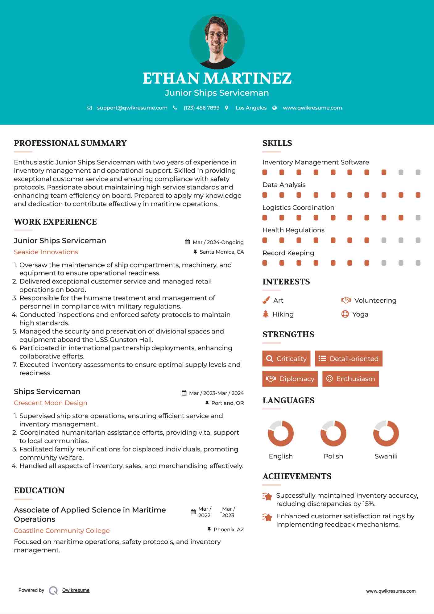 Junior Ships Serviceman Resume Example