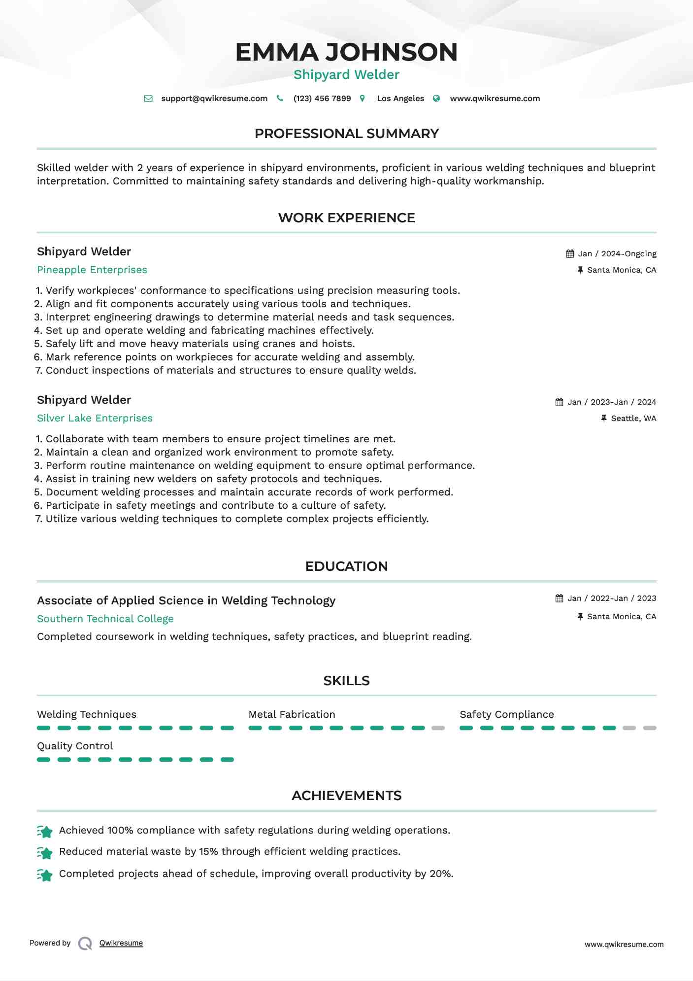 Shipyard Welder Resume Sample