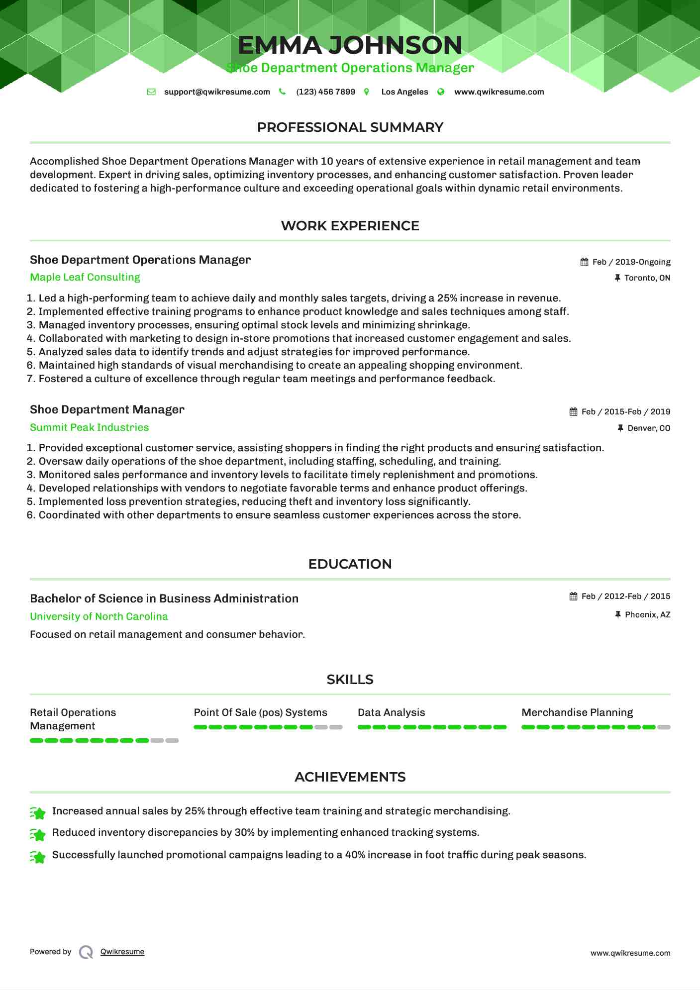 Shoe Department Operations Manager Resume Sample