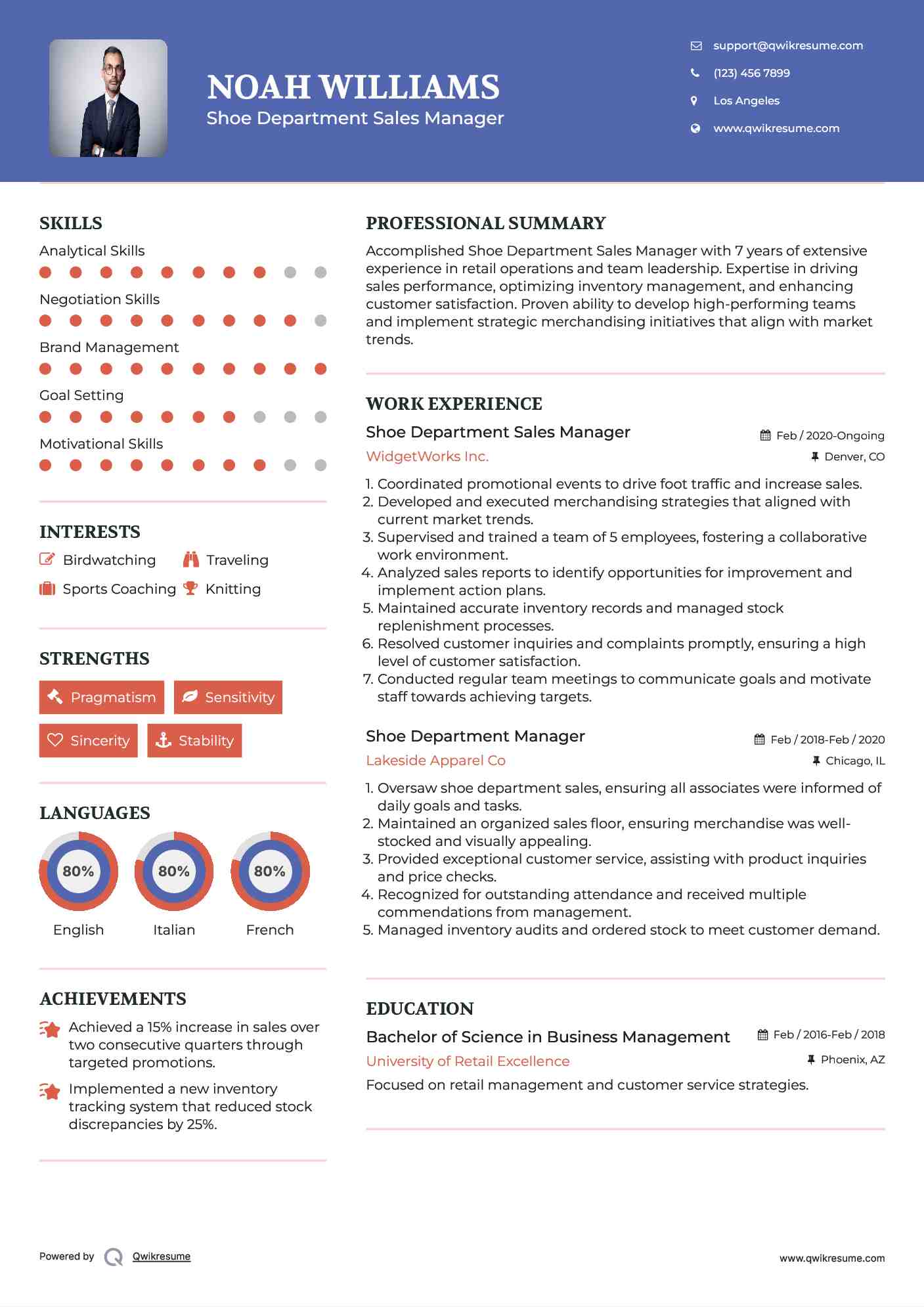 Shoe Department Sales Manager Resume Sample