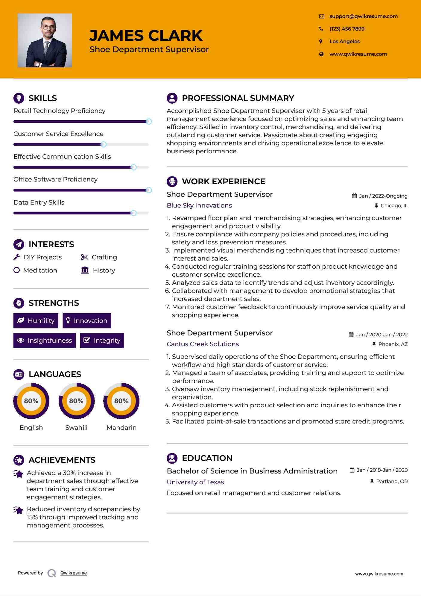 Shoe Department Supervisor Resume Example