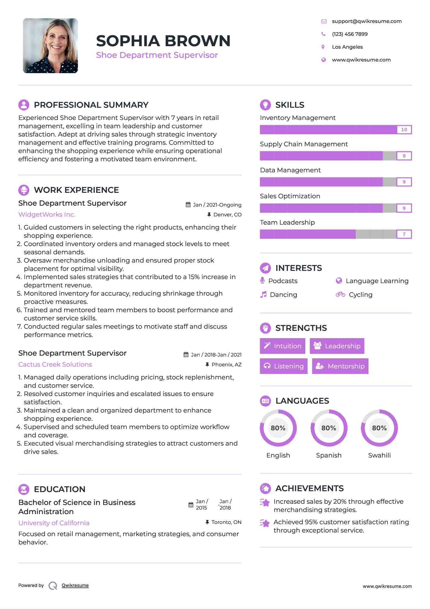 Shoe Department Supervisor Resume Example