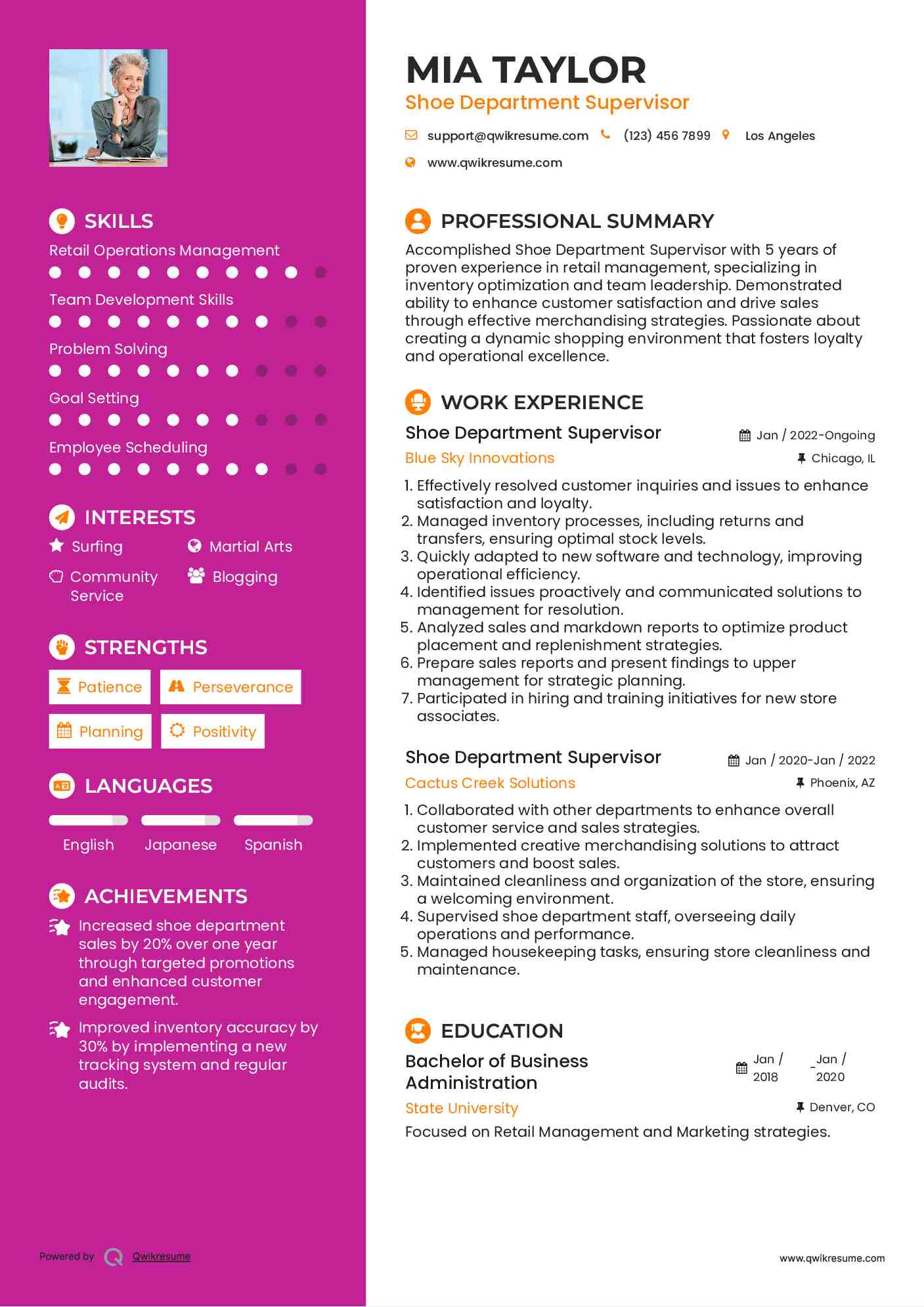 Shoe Department Supervisor Resume Example