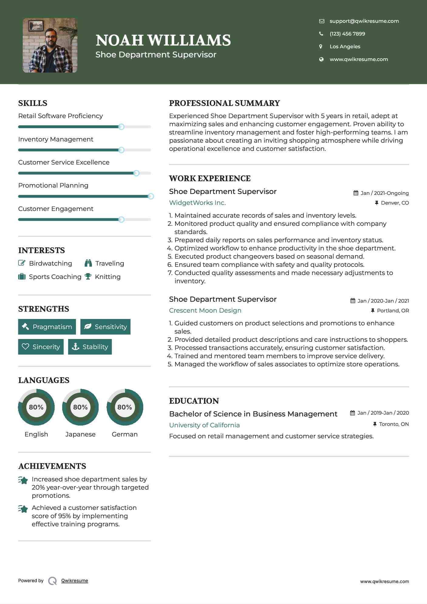 Shoe Department Supervisor Resume Model