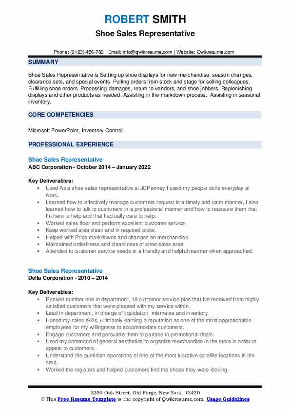 Shoe Sales Representative Resume Samples QwikResume