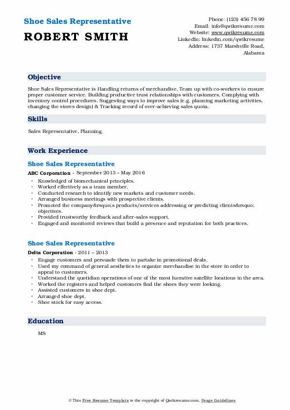 Shoe Sales Representative Resume Samples QwikResume