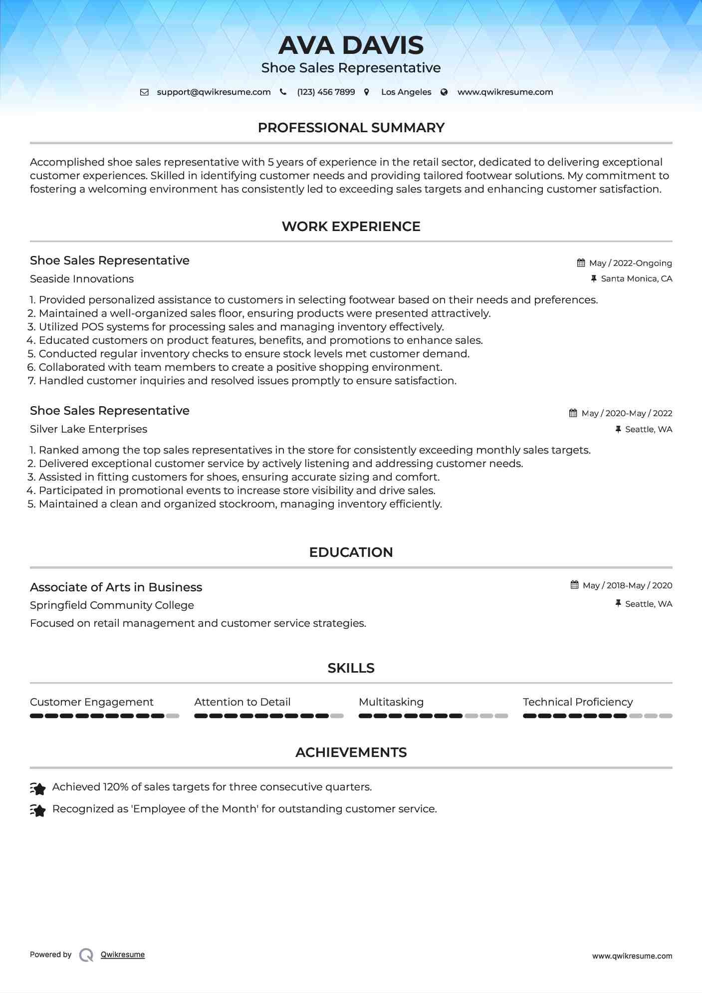 Shoe Sales Representative Resume Sample