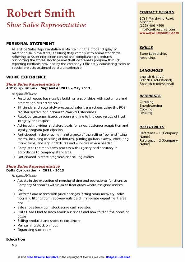 Shoe Sales Representative Resume Samples QwikResume