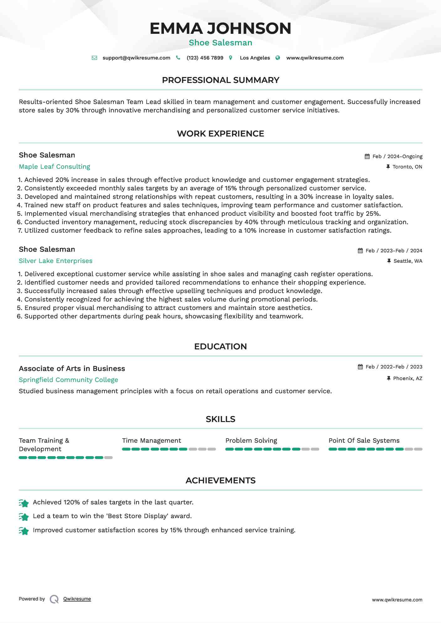 Shoe Salesman Resume Format