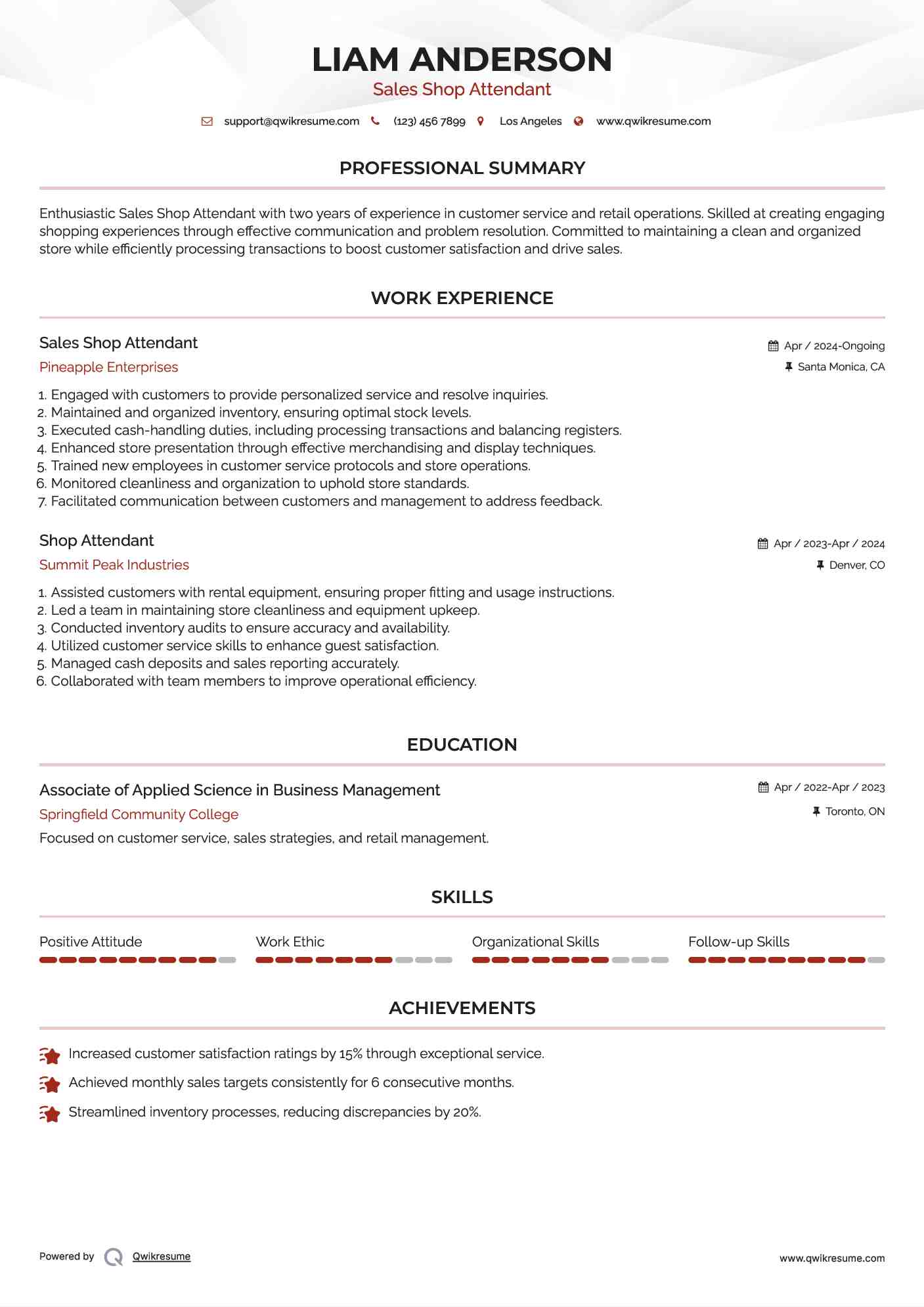 Sales Shop Attendant Resume Template