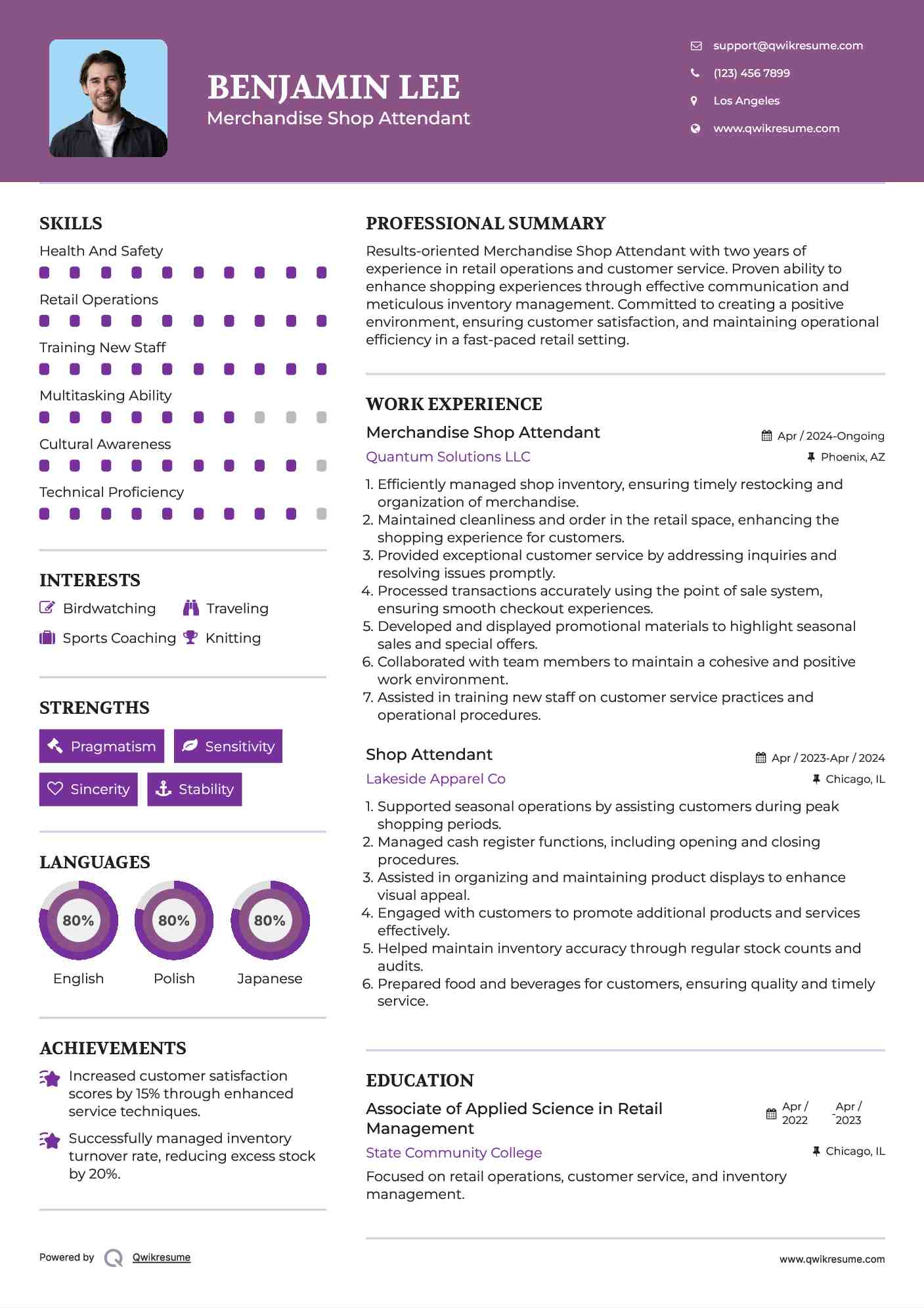 Merchandise Shop Attendant Resume Template