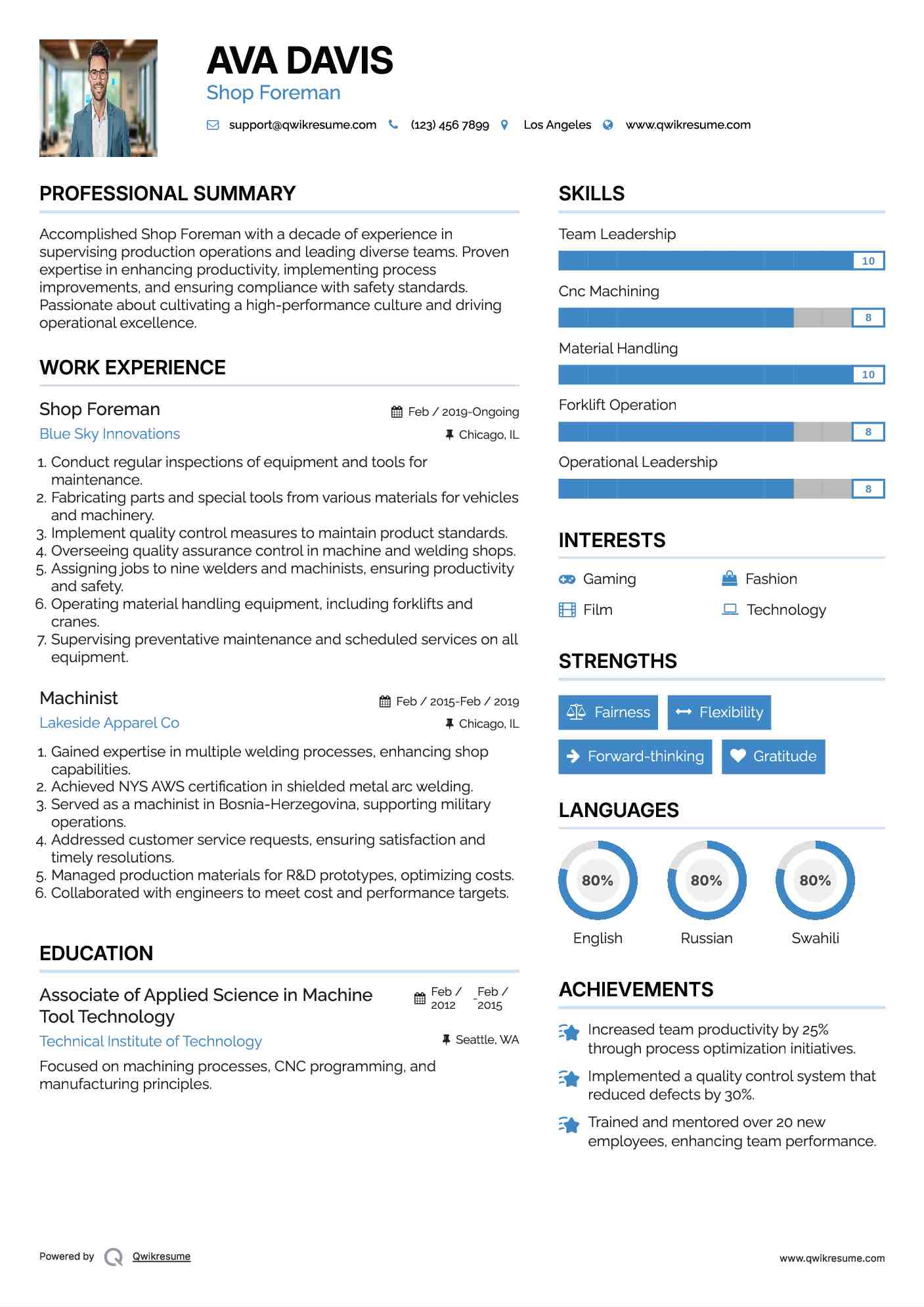Shop Foreman Resume Samples Qwikresume