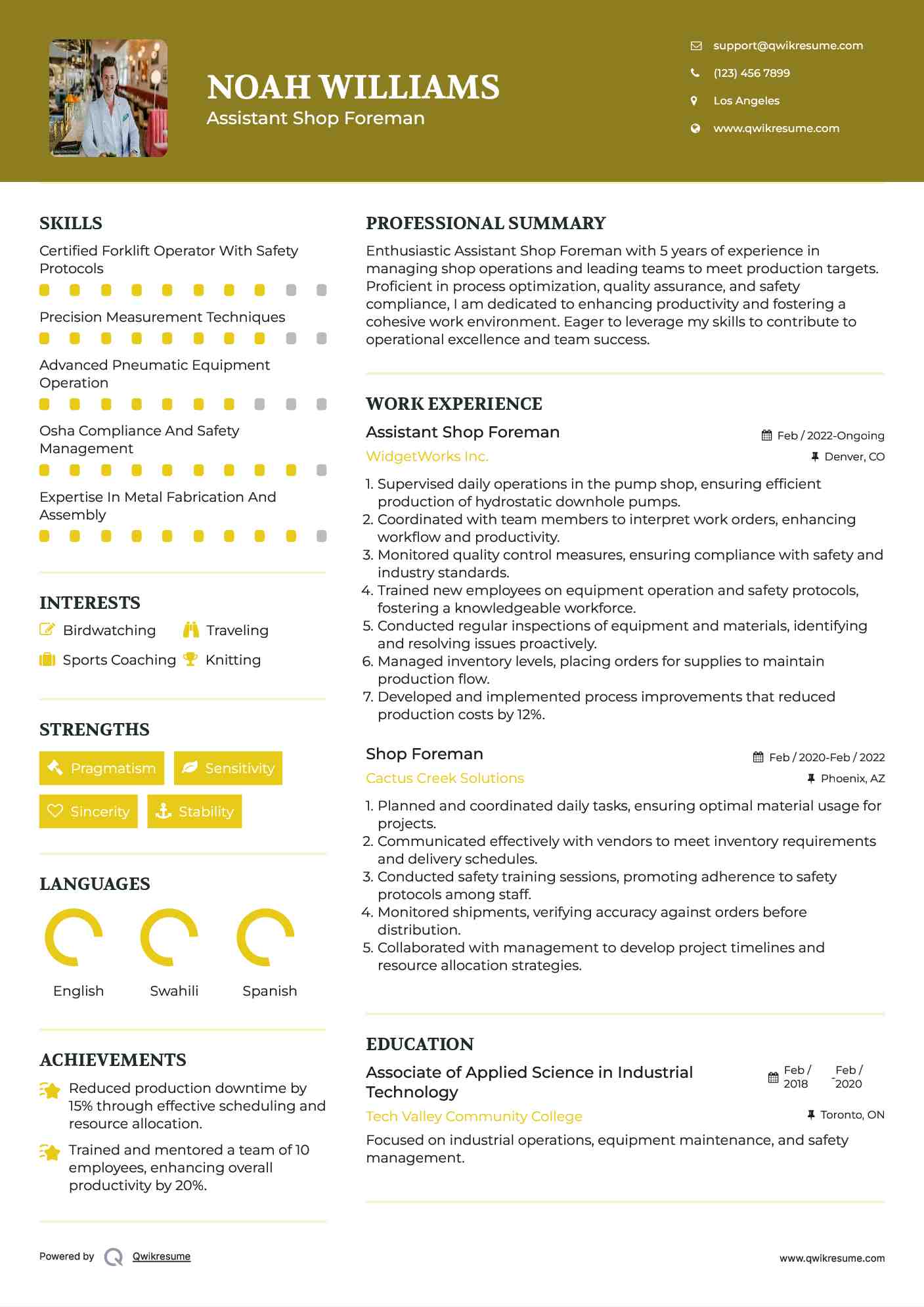Shop Foreman Resume Samples Qwikresume
