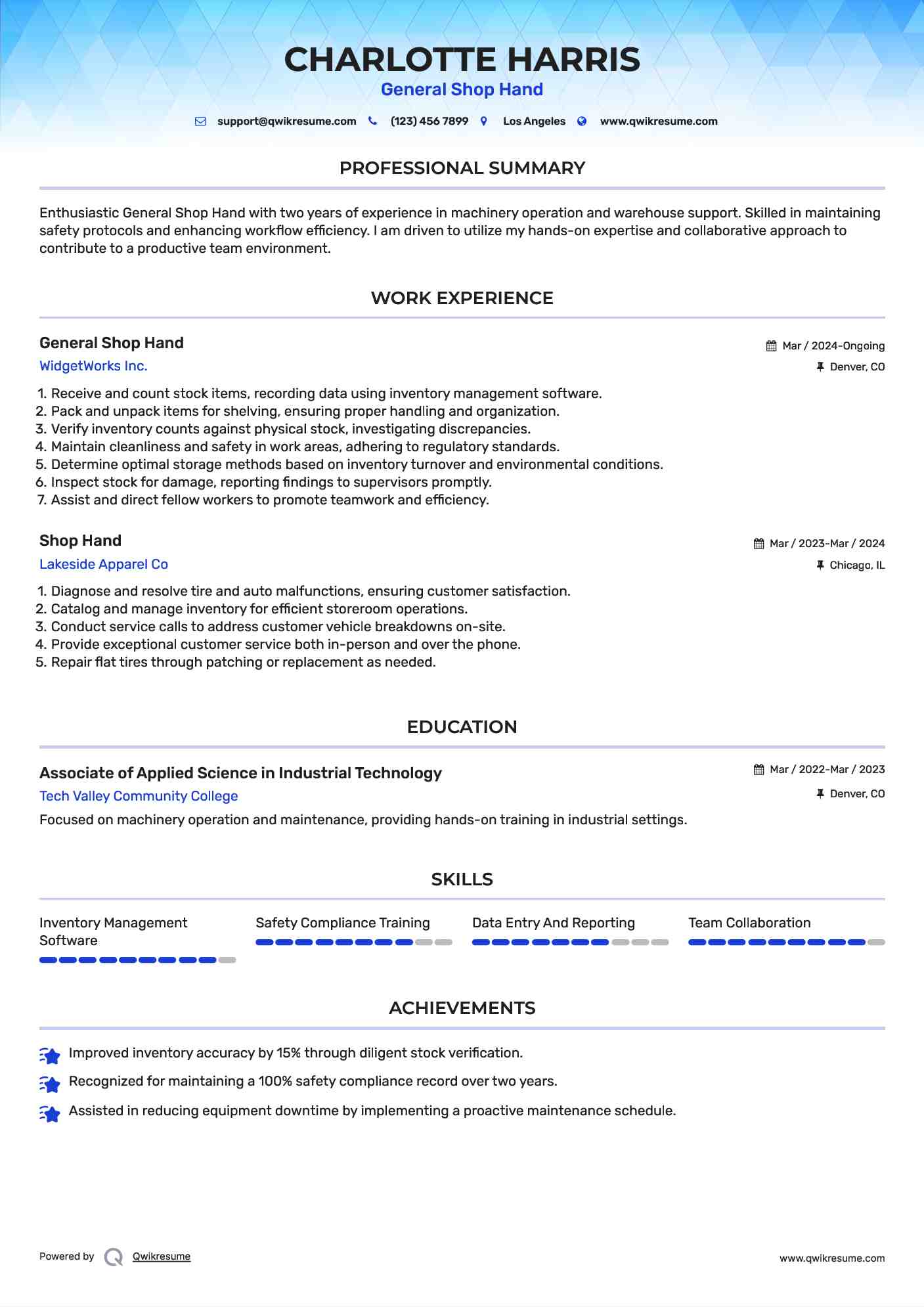 General Shop Hand Resume Example